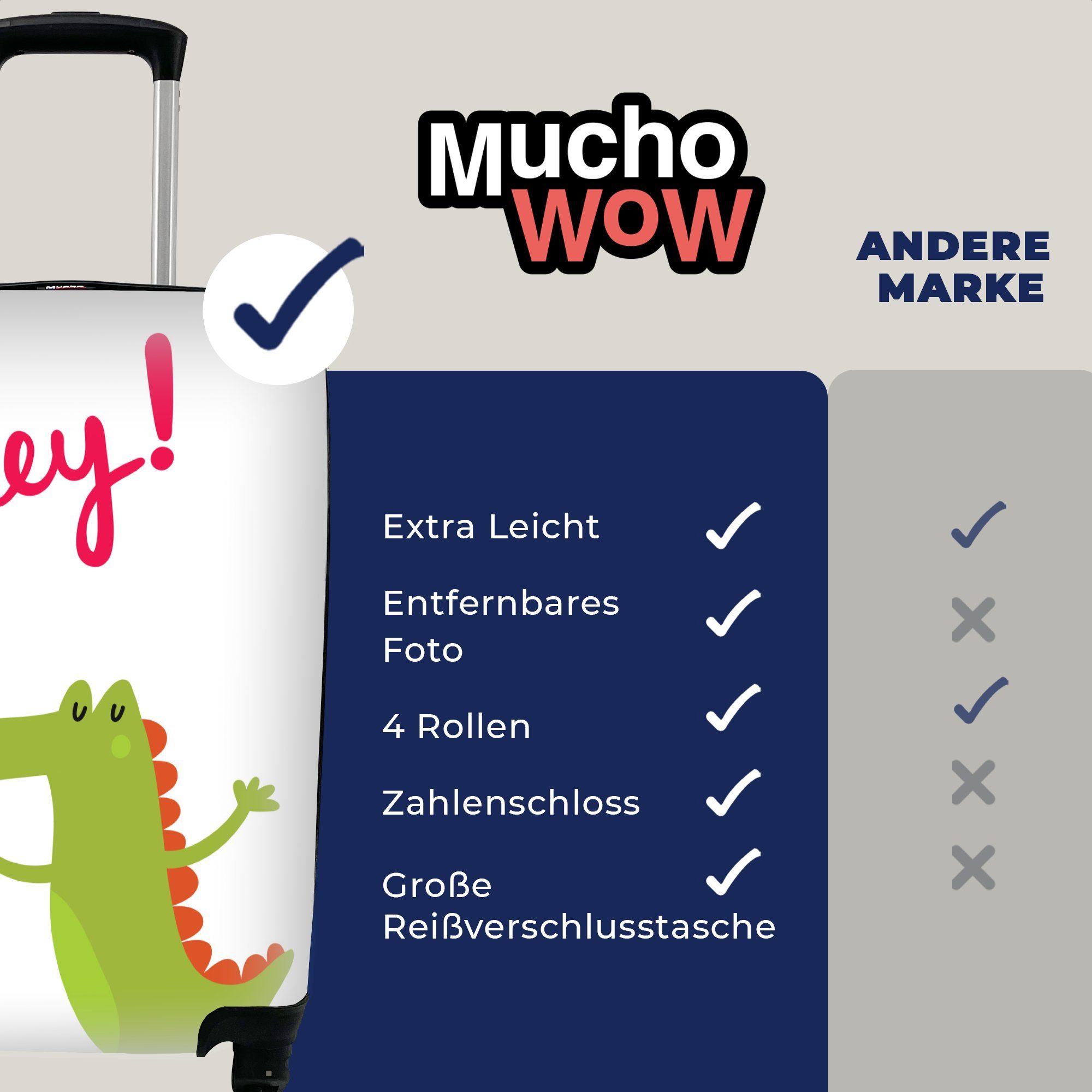 MuchoWow Rollen, Krokodils, Zitats Handgepäckkoffer Reisetasche mit für eines Trolley, Reisekoffer Handgepäck des rollen, 4 eines und "Hey!"., Illustration Ferien, Herzens