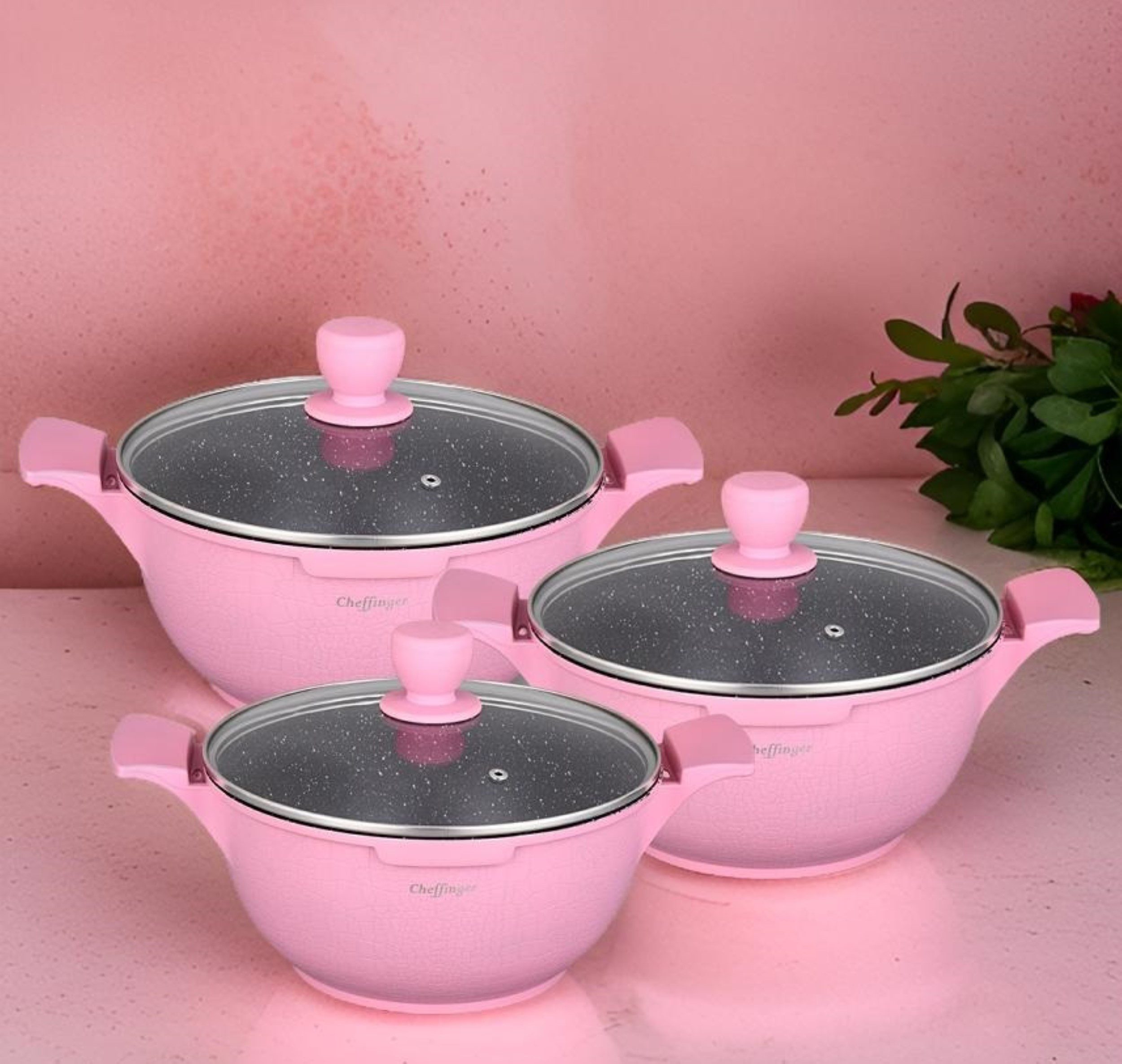 Cheffinger Kochtopf Kochtopfset 20-24-28cm 6-tlg Topf Induktion Alu Guss Geschirr Pink – Bild 4 von 5