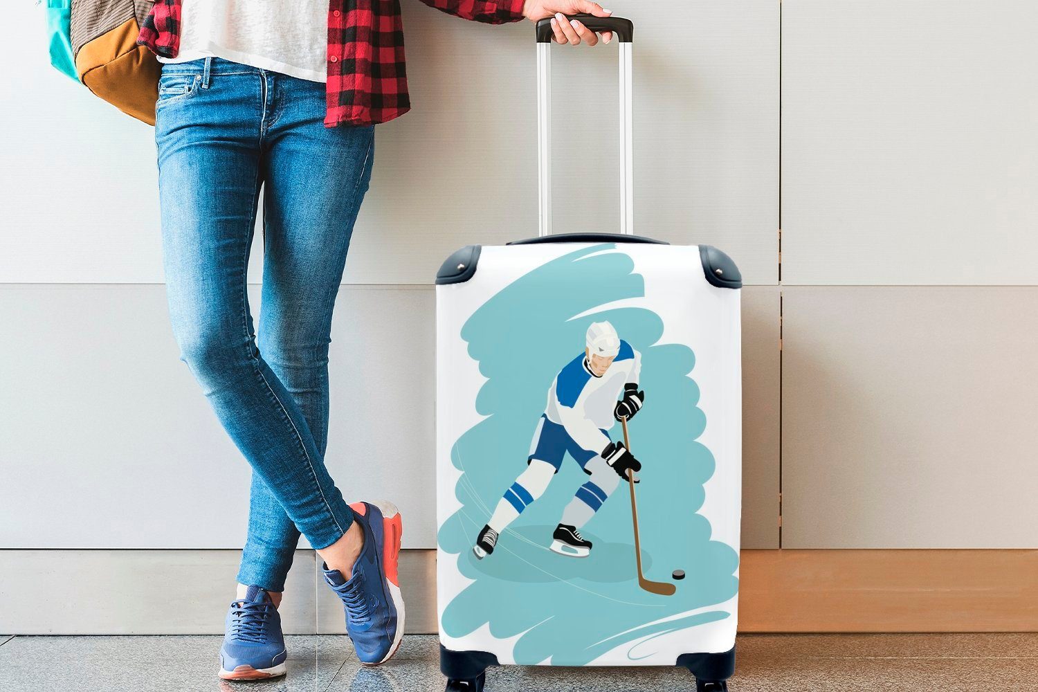 für Reisekoffer MuchoWow Eine Handgepäckkoffer 4 mit eines rollen, Handgepäck Eishockeyspielers, Rollen, Ferien, Illustration hellblaue Reisetasche Trolley,