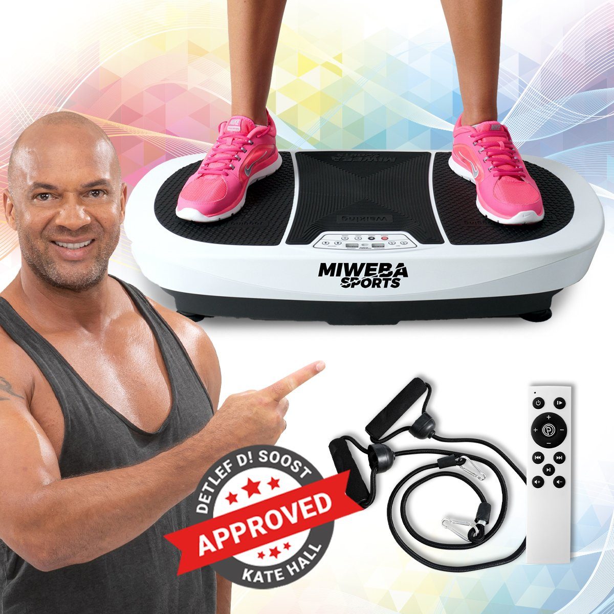 Miweba Sports Vibrationsplatte Vibrationsboard MV200 inkl. Fernbedienung - 3D-Vibration, 400 W, 99 Intensitätsstufen, (Widerstandsbänder & Übungsposter, LED-Display, Ganzkörpertraining, Fettverbrennung, Trainingsgerät, Sportgeräte Fitnessgeräte für Zuhause, 3 tlg., Bluetooth, 6 vordefinierte Trainingsprogramme, 2 Motoren, 150 kg Traglast), 3 J. Garantie - Vibrationstrainer Sportgerät Fitnessgerät Weiß | Vibrationsplatten