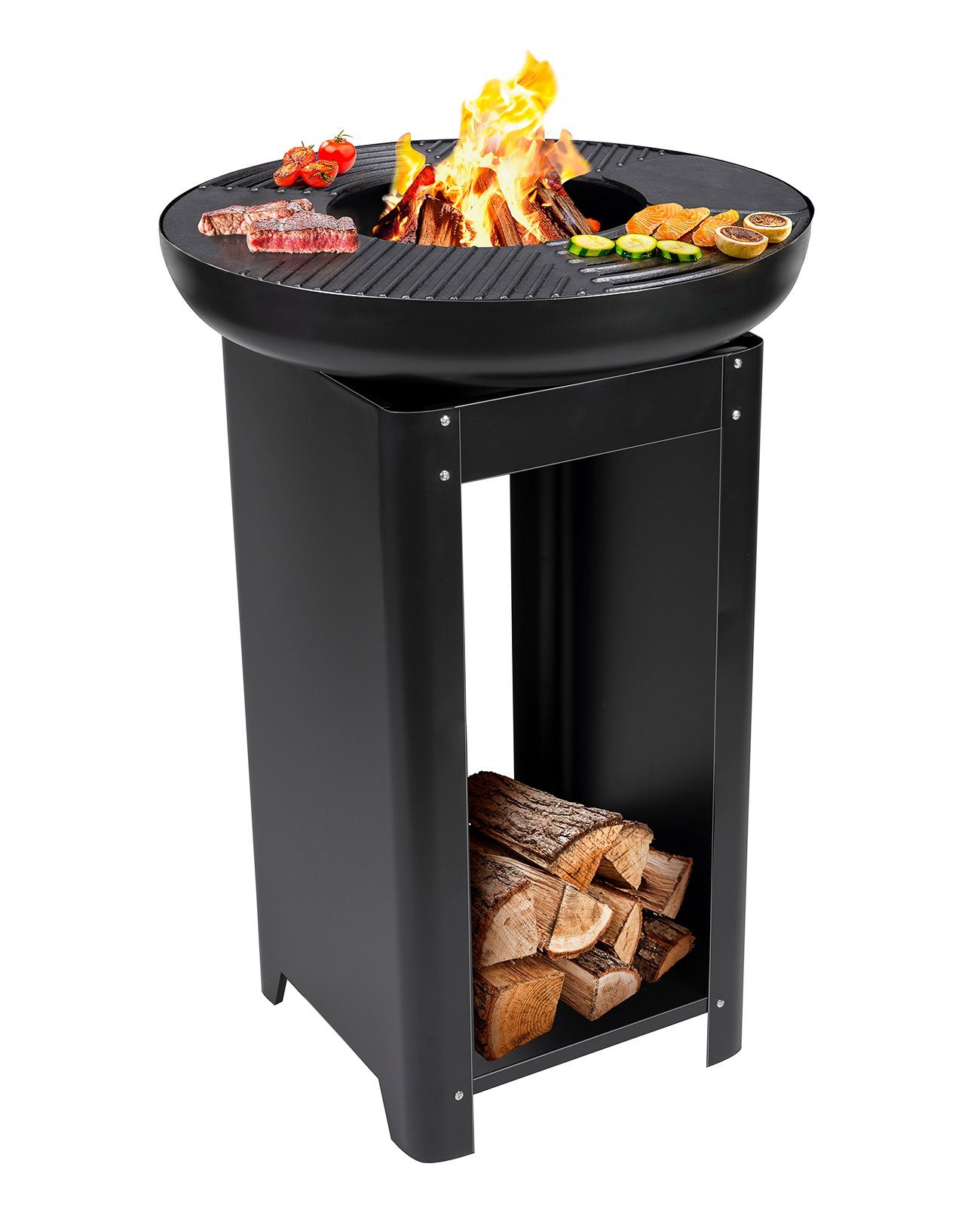 Bubble-Store Feuerkorb 3-in-1 Grill mit Teppanyaki Platte, (Grill Feuerschale für Terrasse oder Garten), Terrassenkamin mit Aufbewahrungsfach für Holz oder Grillkohle