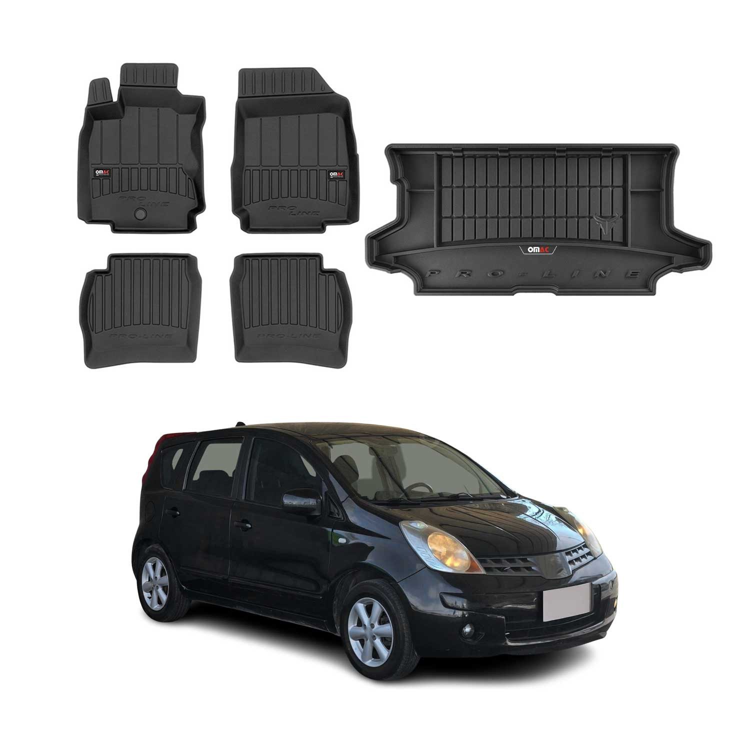 Auto-Fußmatten Kofferraumwanne Set für Nissan Note 2005-2013 Gummi Schwarz 5x