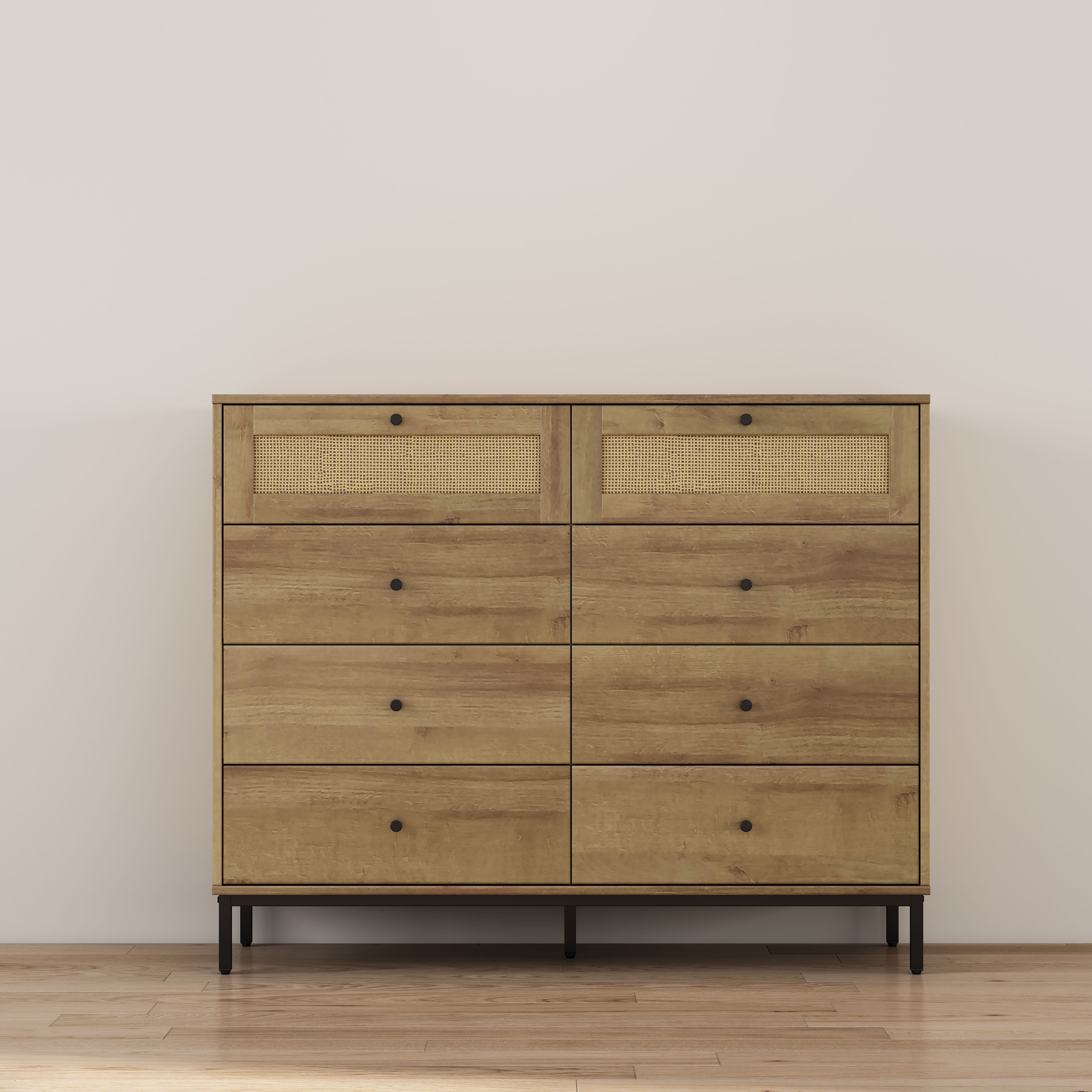 OTTO home Kombikommode Motala Wäsche Schrank mit 8 Schubladen Sideboard BOHO Design (Eichen-Design mit schwarzen Griffen und Geflecht Schubladen), Kommode Schrank Wäscheschrank mit 8 Schubladen