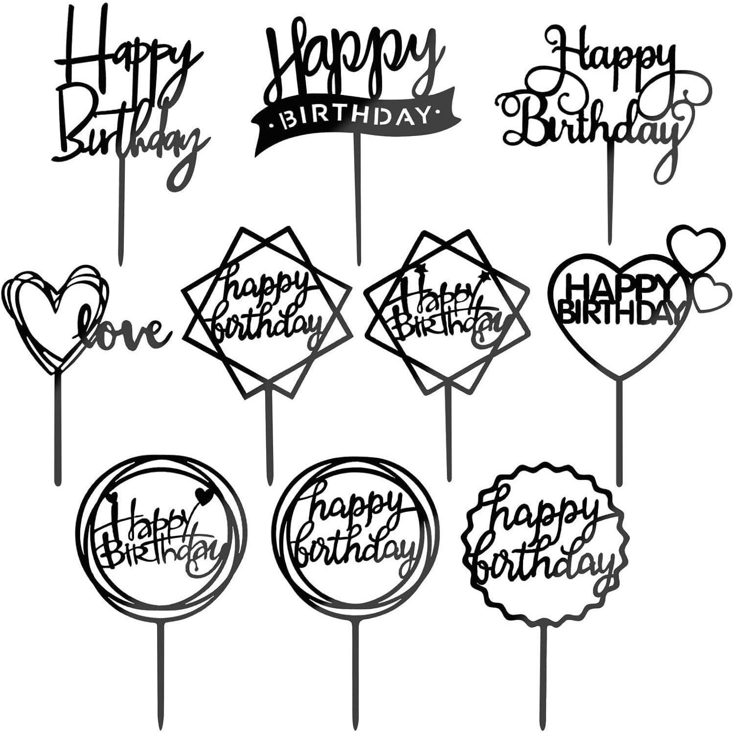 LuxusKollektion Sticker 10er Set Schwarz Acryl Glitter Happy Birthday Tortendeko Cupcake, (10-tlg)