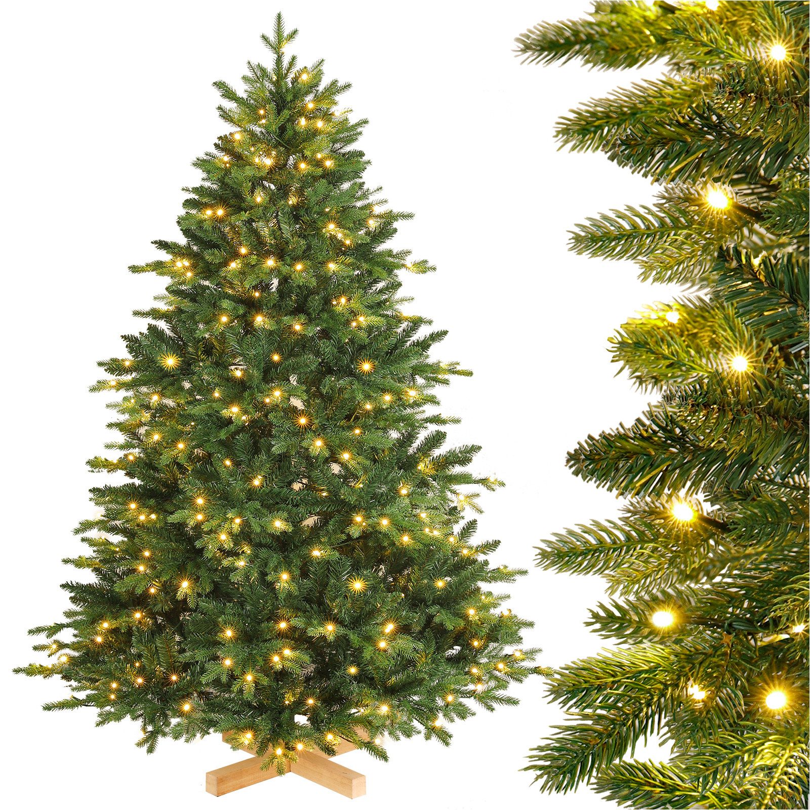 Yorbay Künstlicher Weihnachtsbaum Künstlicher Tannenbaum mit LED Beleuchtung, Weihnachstbaum aus PE, PVC, 150 / 180 / 210 cm auswählbar, mit Holzständer, Nordmanntanne, Weihnachtsbaum Christbaum für Weihnachten-Dekoration