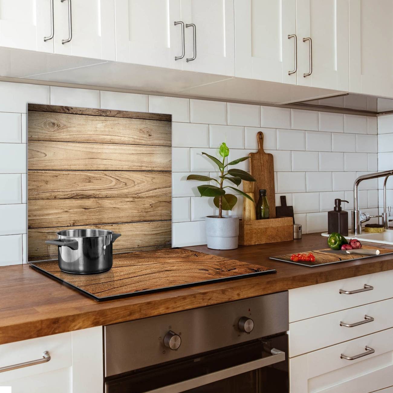 banjado Küchenrückwand Küchenrückwand Holzplanken, (gehärtetes Glas, inklusive 4 Magnete & 1 Kreidestift)