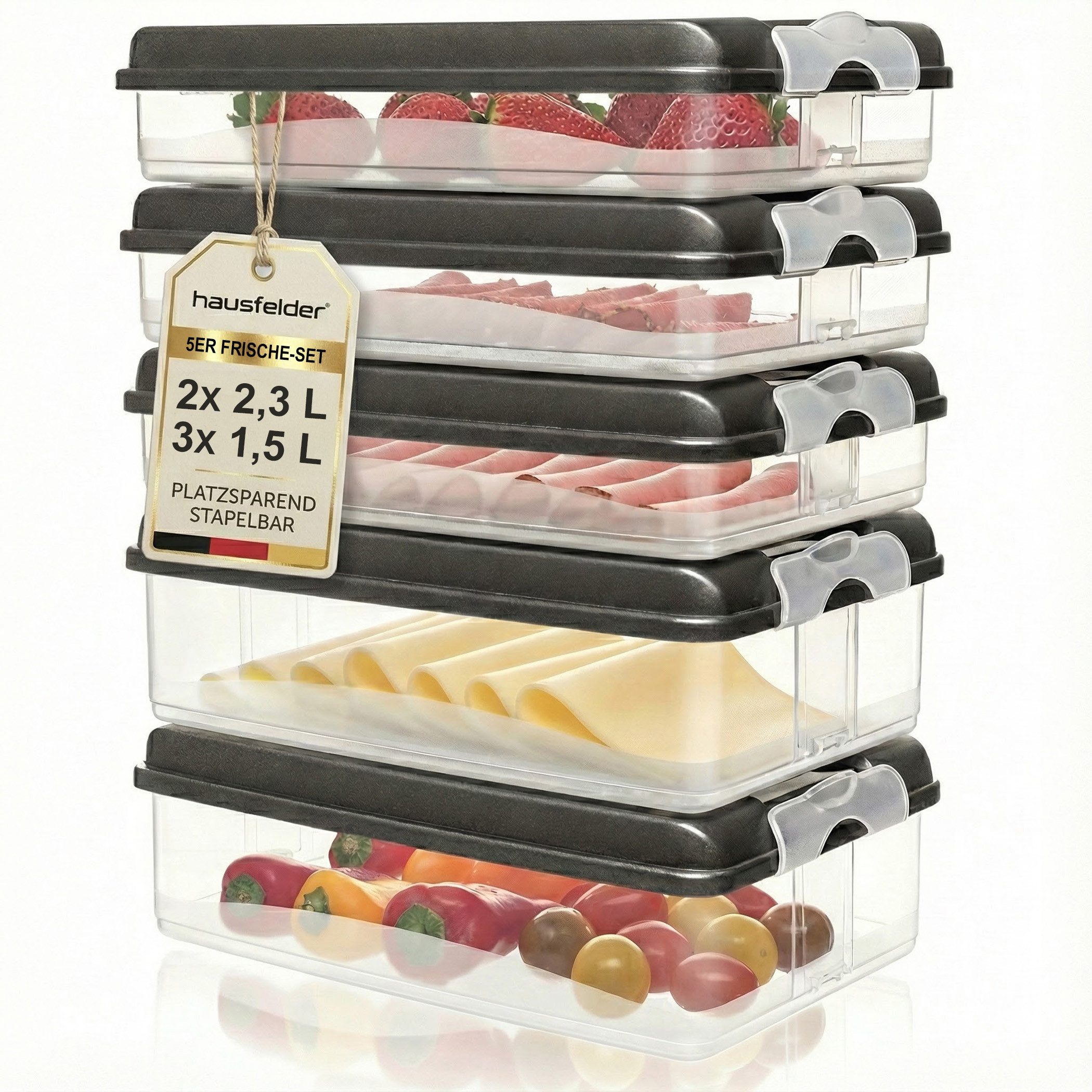 Hausfelder Frischhaltedose Aufschnittdosen für Kühlschrank, Wurst Aufbewahrung mit Deckel, Kunststoff, (Set, 10-tlg., 3x flach, 2x hoch + 5 Deckel), Kühlschrank Organizer, BPA-frei, stapelbar