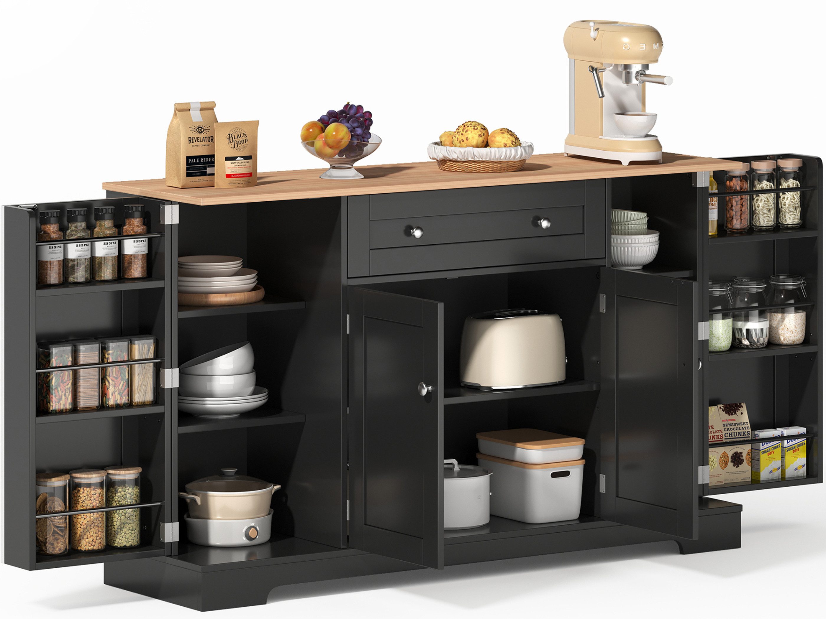 SeedWave Anrichte Modern Кухниbuffet Mehrzweckschrank Beistellschrank mit Viel Stauraum, Türregale mit Schutzgeländern, Wandhalterung für Anti-Kipp Funktion