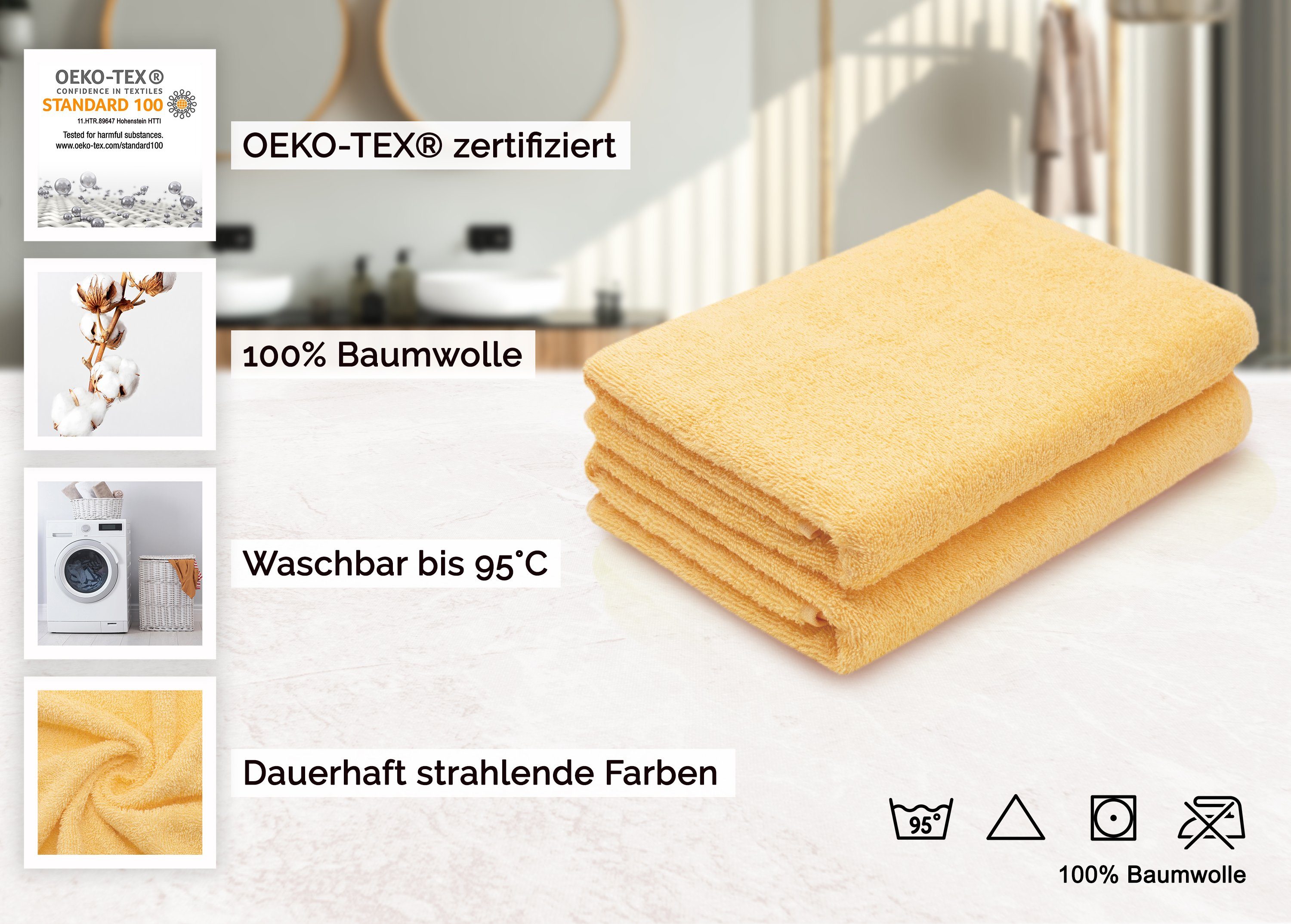 (2-St), ZOLLNER alle Baumwolle, 140 waschbar 95°C Farben Walkfrottier Duschtücher, bis sonne cm, 100% x 70