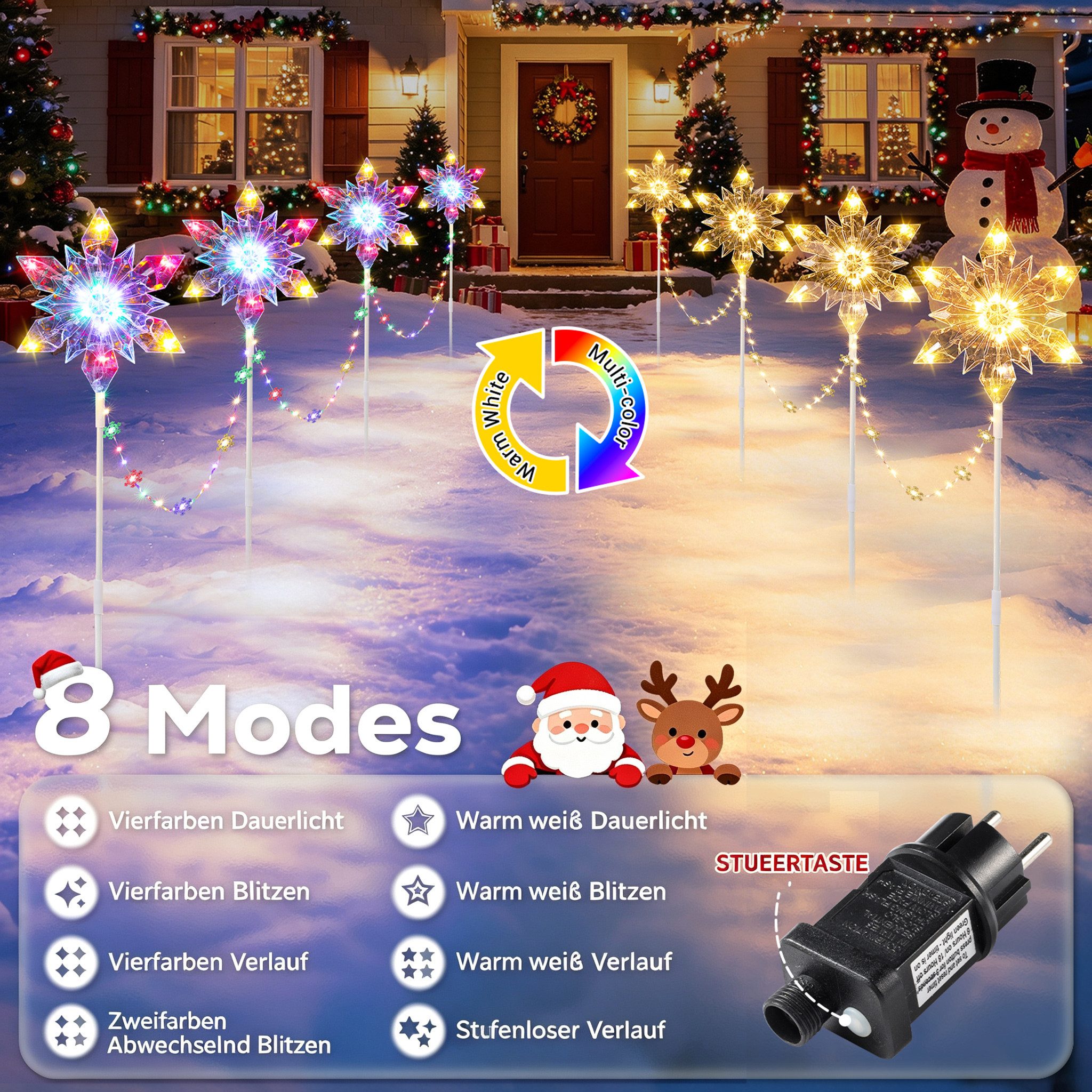 Quntis Lichterkette Weihnachtsdeko LED Sternlichter 4er Set mit Erdspieß und Timerfunktion, Farbwechsel Warmweiß mit 8 Modi für Garten Schneeflocken-Steckleucht – Bild 2 von 5