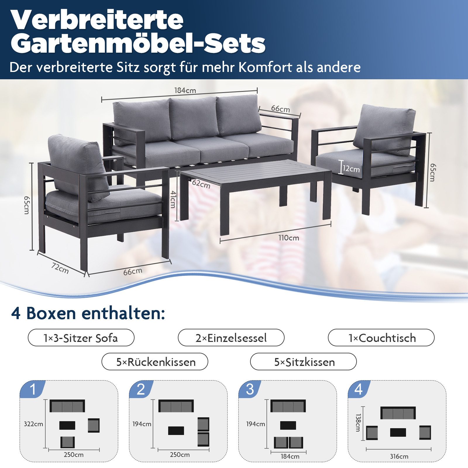 MeXo Gartenlounge-Set Gartenmöbel Set 4-5 Personen Aluminium Wetterfest, (12cm Deluxe Relax-Sitzkissen, 4-tlg., Belastbarkeit pro Sitzplatz 140kg), Lounge Gartenmöbelset mit Tisch, Luxus Relax