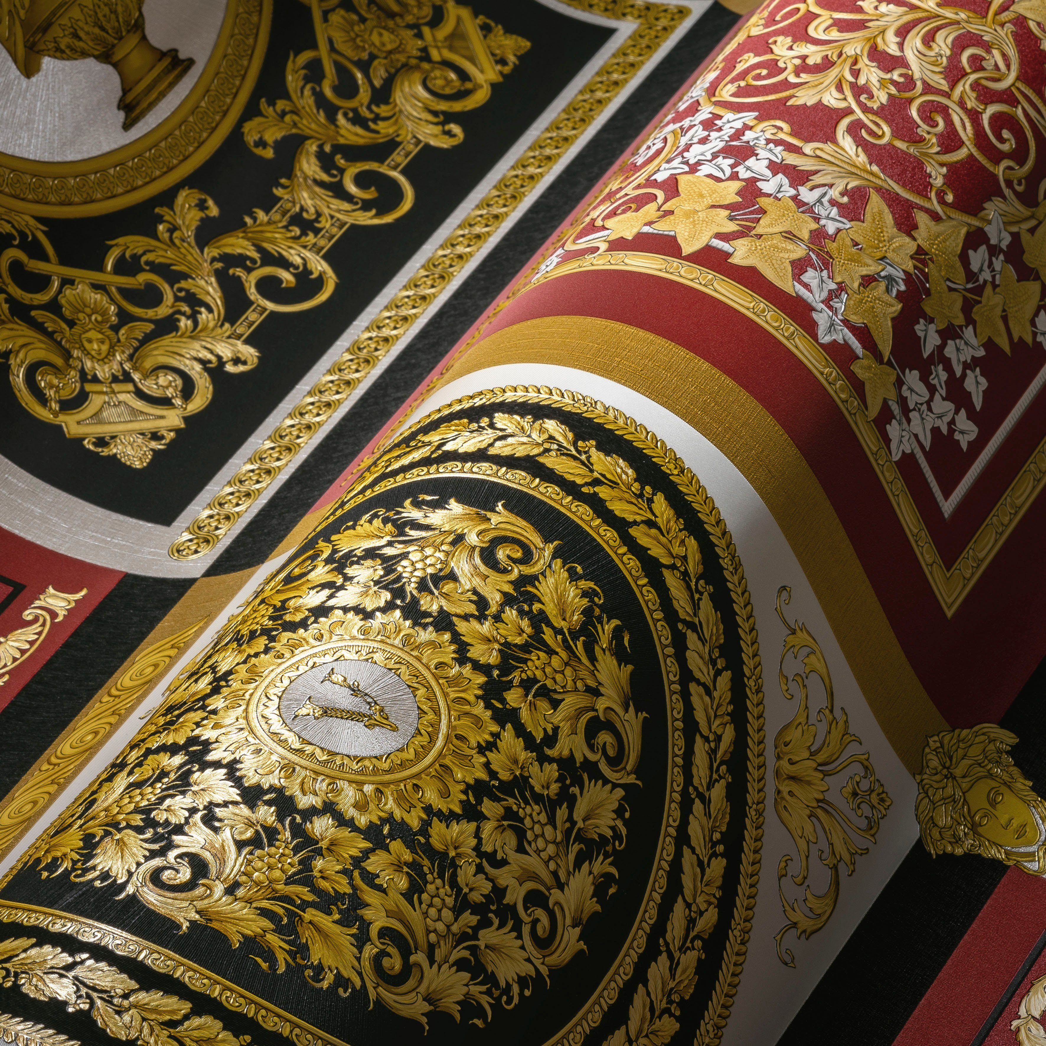 (1 Wallpaper auffallende strukturiert, Patchwork, leicht glänzend, Fliesen-Tapete Versace St), Vliestapete Versace 5 Design leicht rot/goldfarben/weiß
