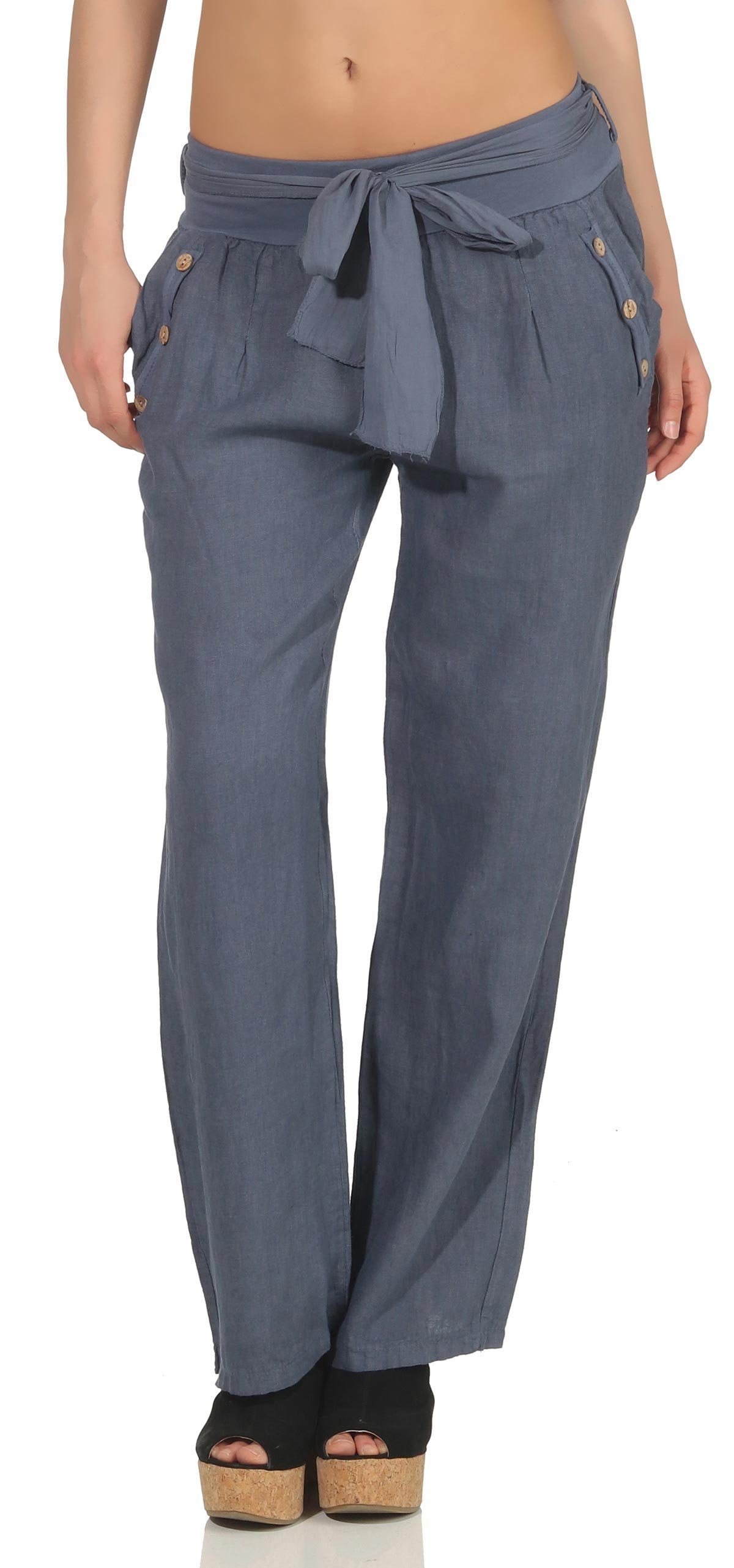 malito more than fashion Leinenhose malito Damen Hose aus Leinen, Stoffhose in Unifarben, feine Freizeit feine Leinen Hose mit Stoffbindegürtel