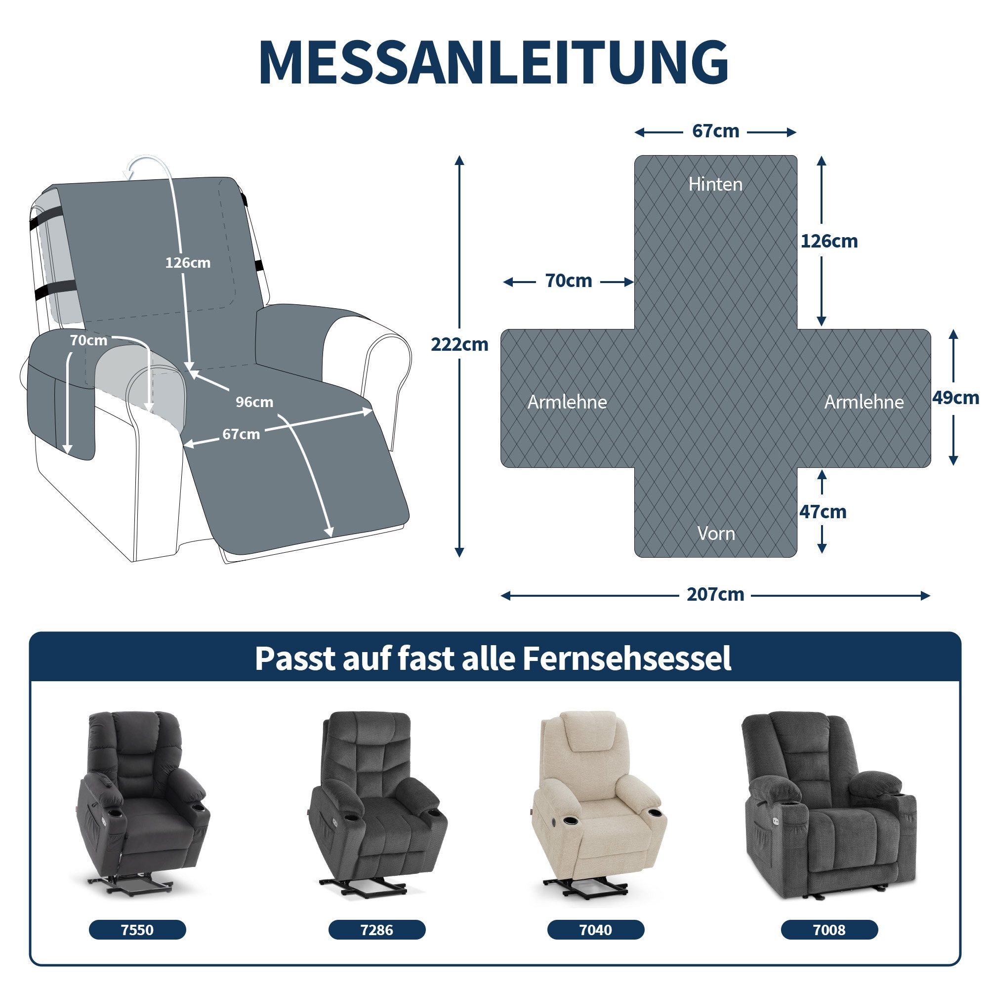 MCombo Sofabezug M MCombo Sesselschoner für Relaxsessel C1815, Wasserdicht & Anti-Rutsch, mit Armlehne & Taschen, 222×207