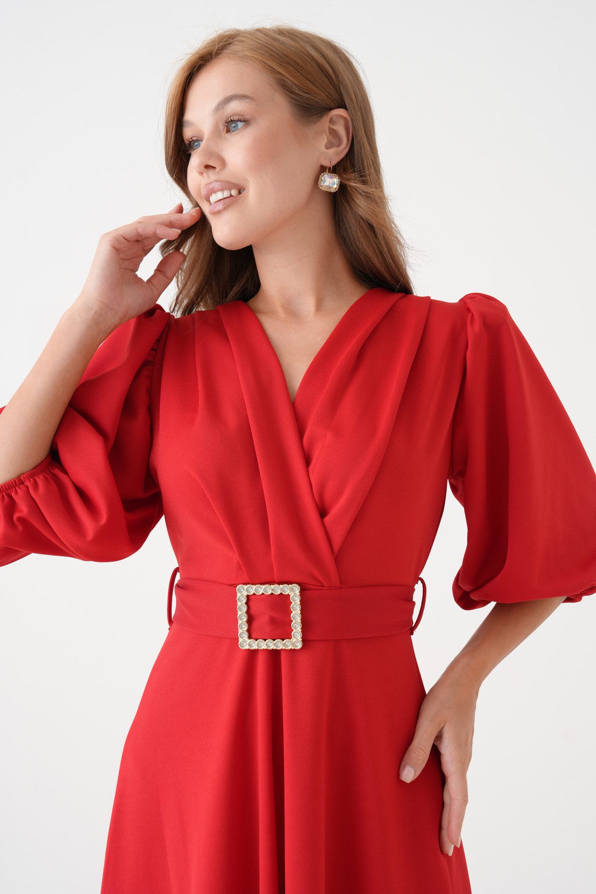 WOMAN VISION Minikleid Damen Rotes Midi-Kleid mit elastischem Kreppstoff, kurzen Ballonärmeln