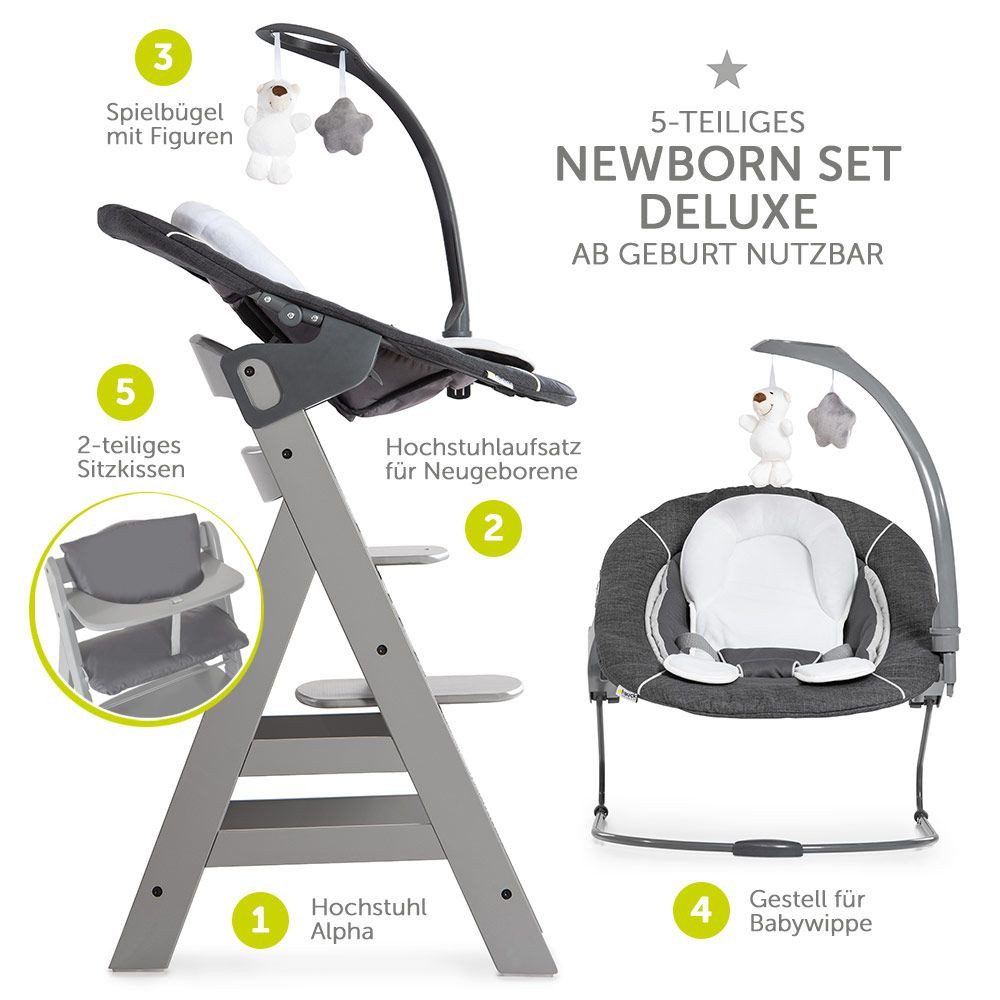 Hauck Hochstuhl Alpha Plus Grau - Newborn Set Deluxe (Set, 4 St), Holz Baby günstig online kaufen