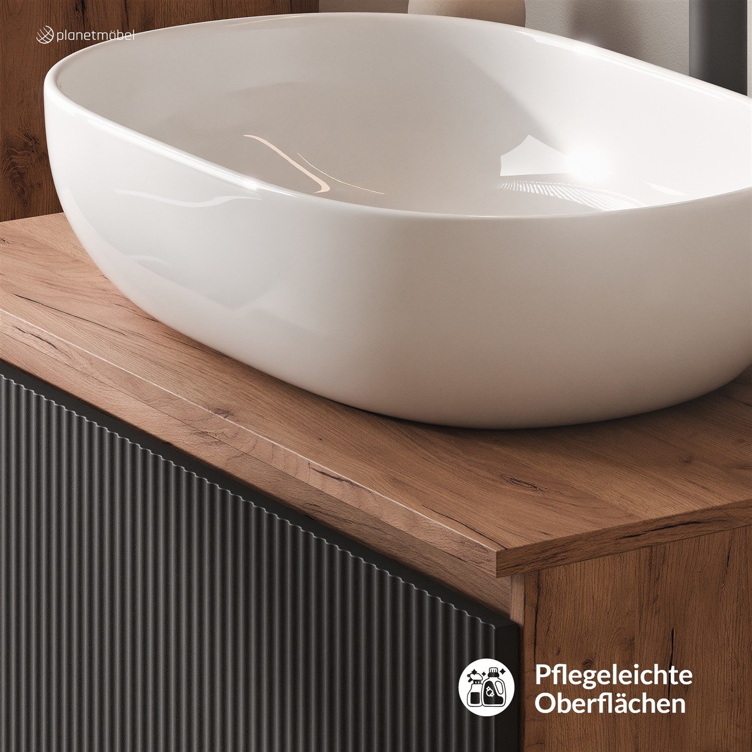Planetmöbel Waschtisch-Set Arisa 2 teilig, Waschtisch mit Unterschrank 80 cm, Waschbecken 60 cm, (Waschtischunterschrank hängend für Gäste WC & Bad, schwarz geriffelt, Badmöbel Set mit Waschbecken 60 cm weiß), Schublade mit Soft-Close Funktion