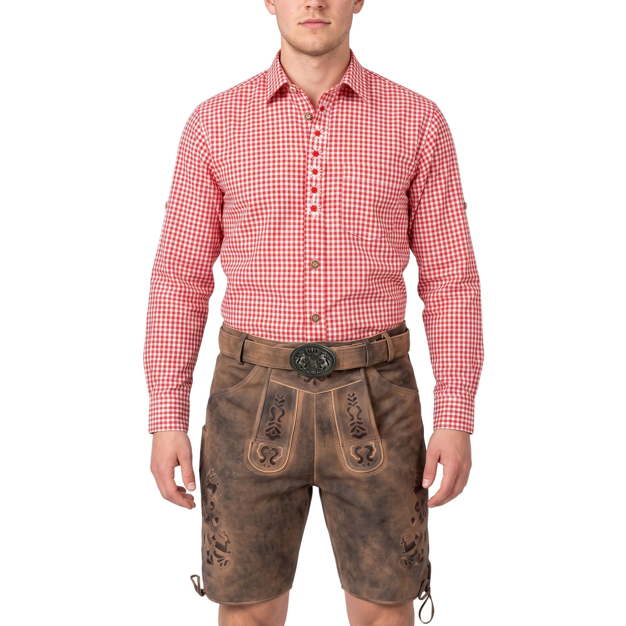 German Wear Trachtenhemd GW1203-EW Trachtenhemd für Trachtenlederhose mit Edelweiß-Stickerei karo