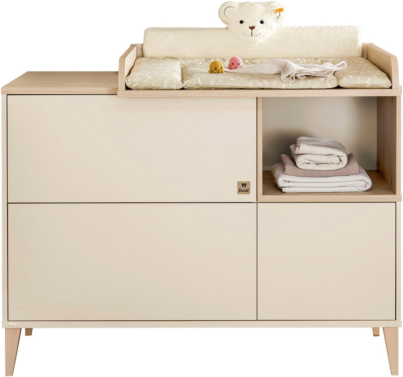 PAIDI Wickelkommode MILA & BEN Steiff by PAIDI in Beige, Tür und 2 Schubladen, Push-to-open, Soft-Close, stabile Kommode mit Massivholz-Füßen