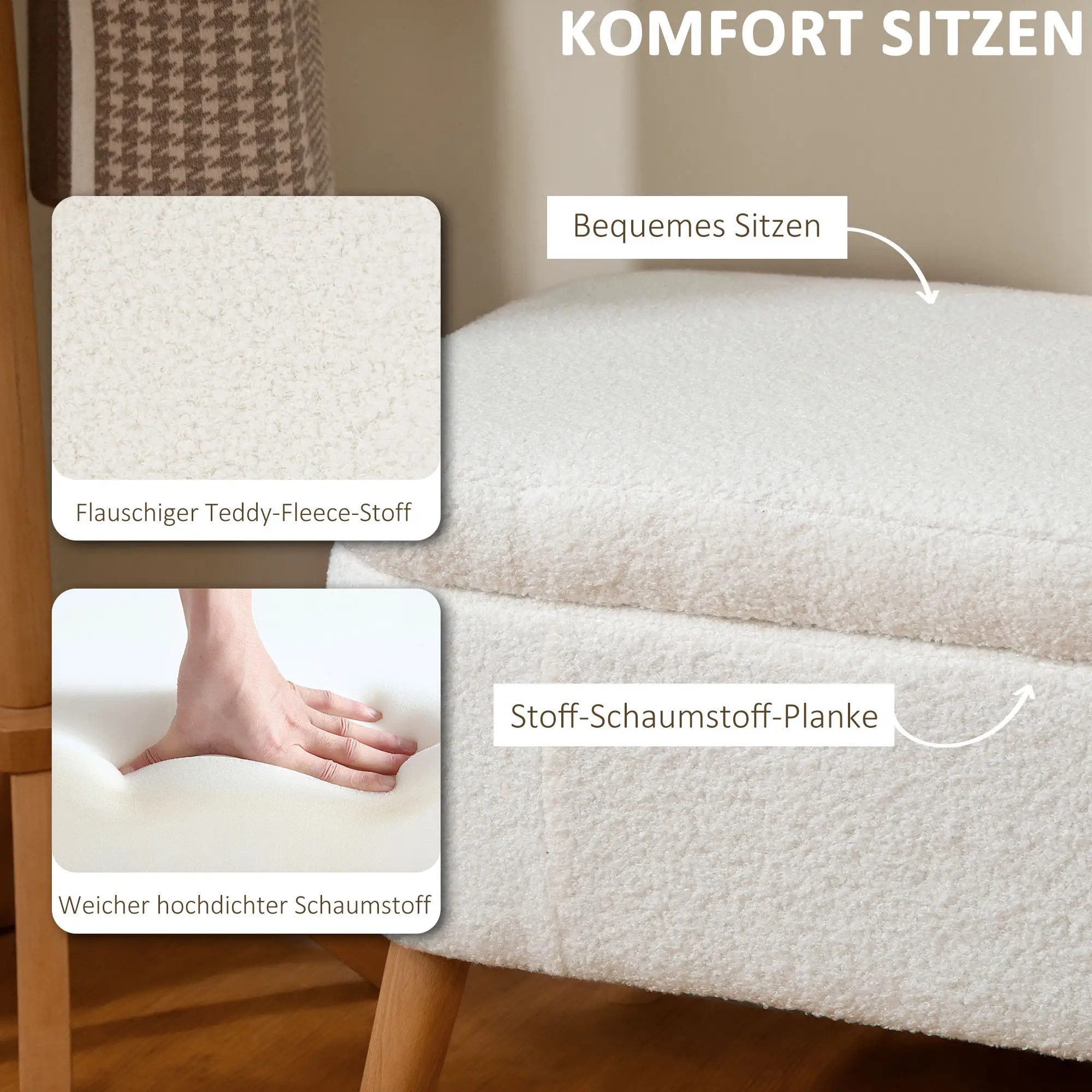 BlingBin Sitzbank Aufbewahrungsbank Polsterbank (mit 65 L Stauraum,Teddy-Fleece-Stoff,Kautschukholz), 120x42x45cm,Cremeweiß