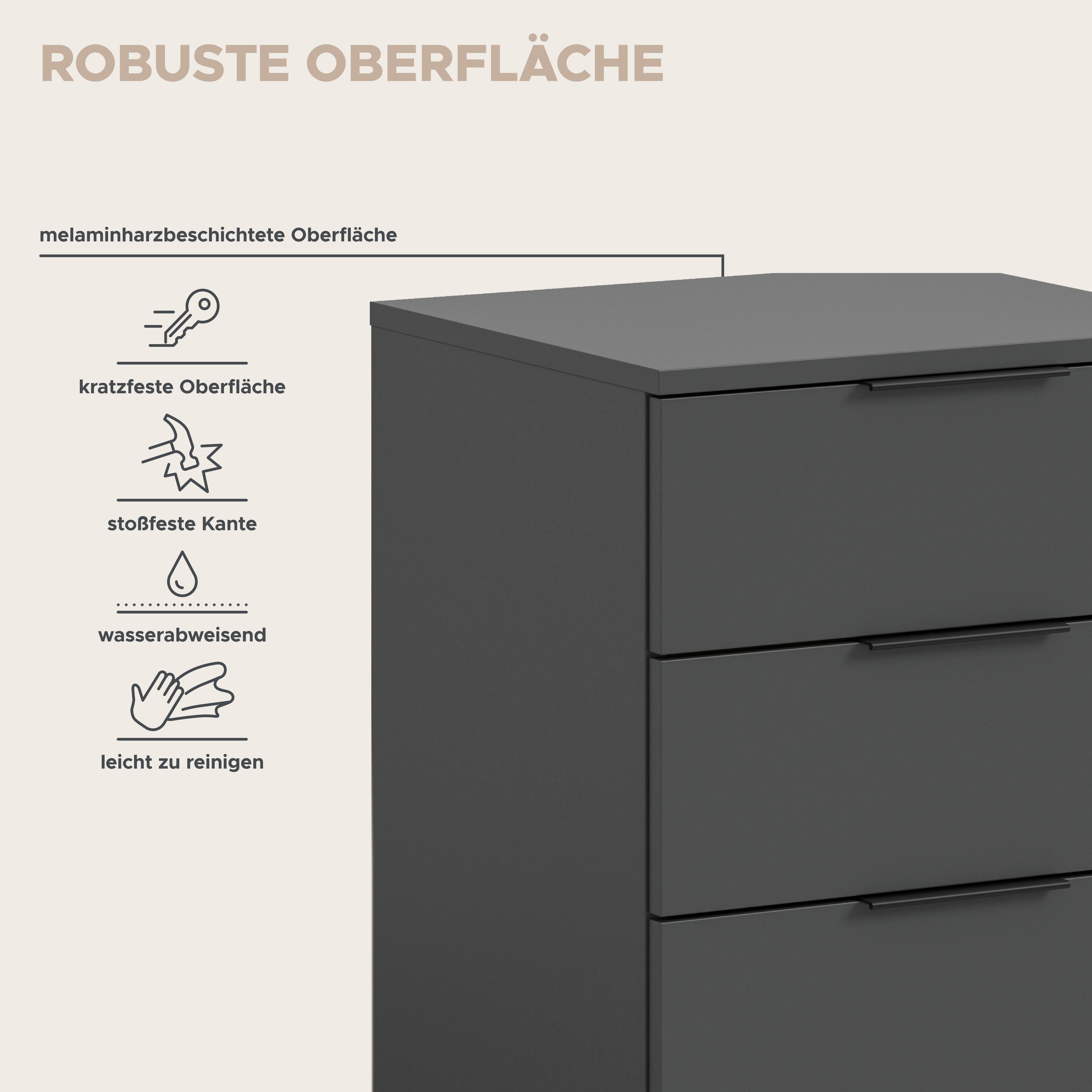 OTTO home Nachtkommode Skarde Nachttisch Beistelltisch Kommode, Breite: 45 cm (1 St), Skarde, Nachtkommode, 3 Schubkästen, anthrazit – Bild 5 von 5