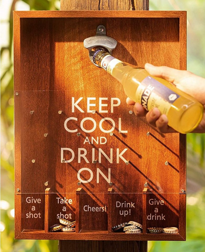 Dekoleidenschaft Flaschenöffner Trinkspiel Keep Cool Partyspiel,  Bierspiel, Saufspiel, Party Gadget (1-tlg), aus Holz, zum Aufhängen an Wand  oder Baum, Saufroulette, Trinkroulette