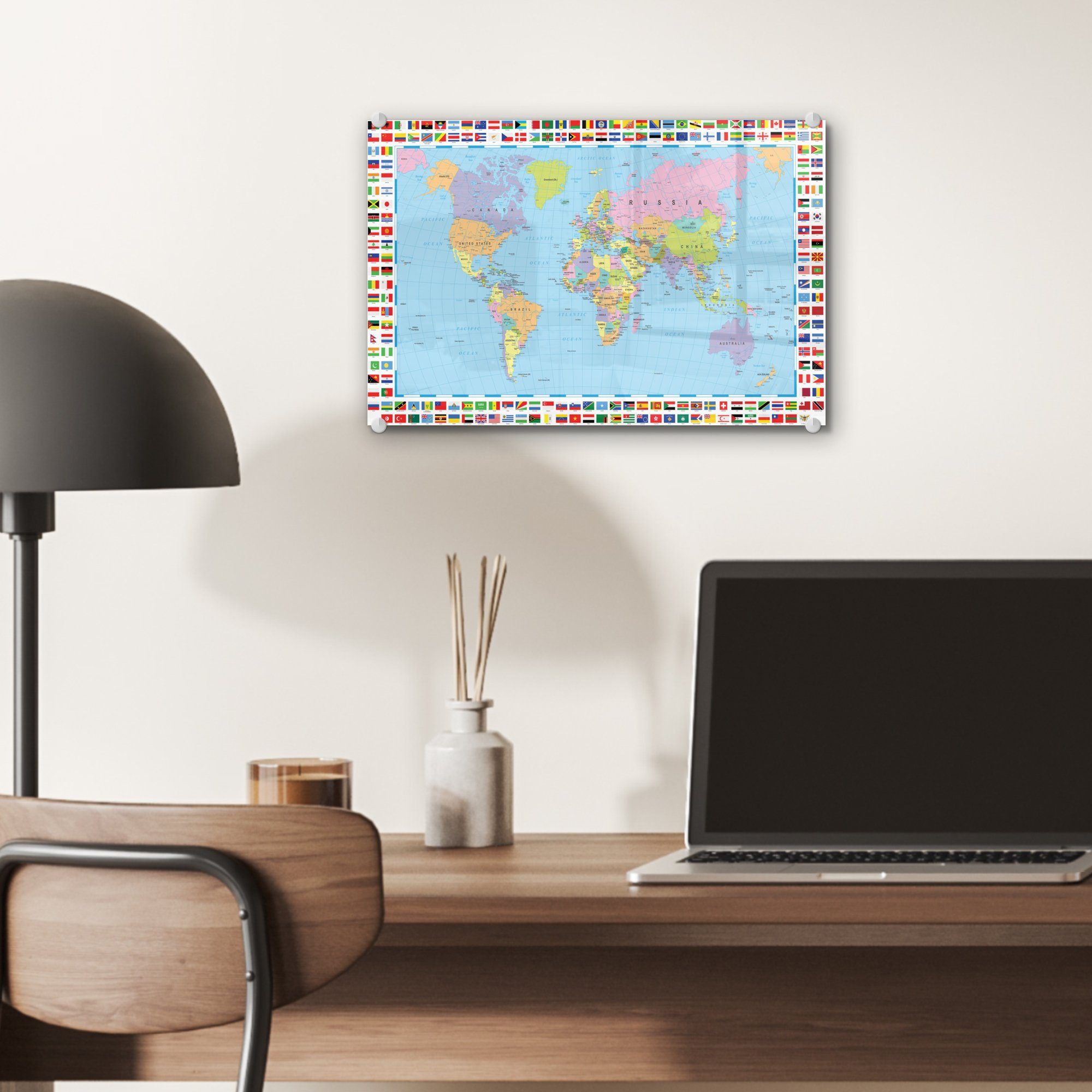 Karte Wanddekoration Foto auf - auf Welt Bilder - - Farben, Acrylglasbild St), - Glas Flagge (1 MuchoWow Wandbild Glasbilder - - Glas