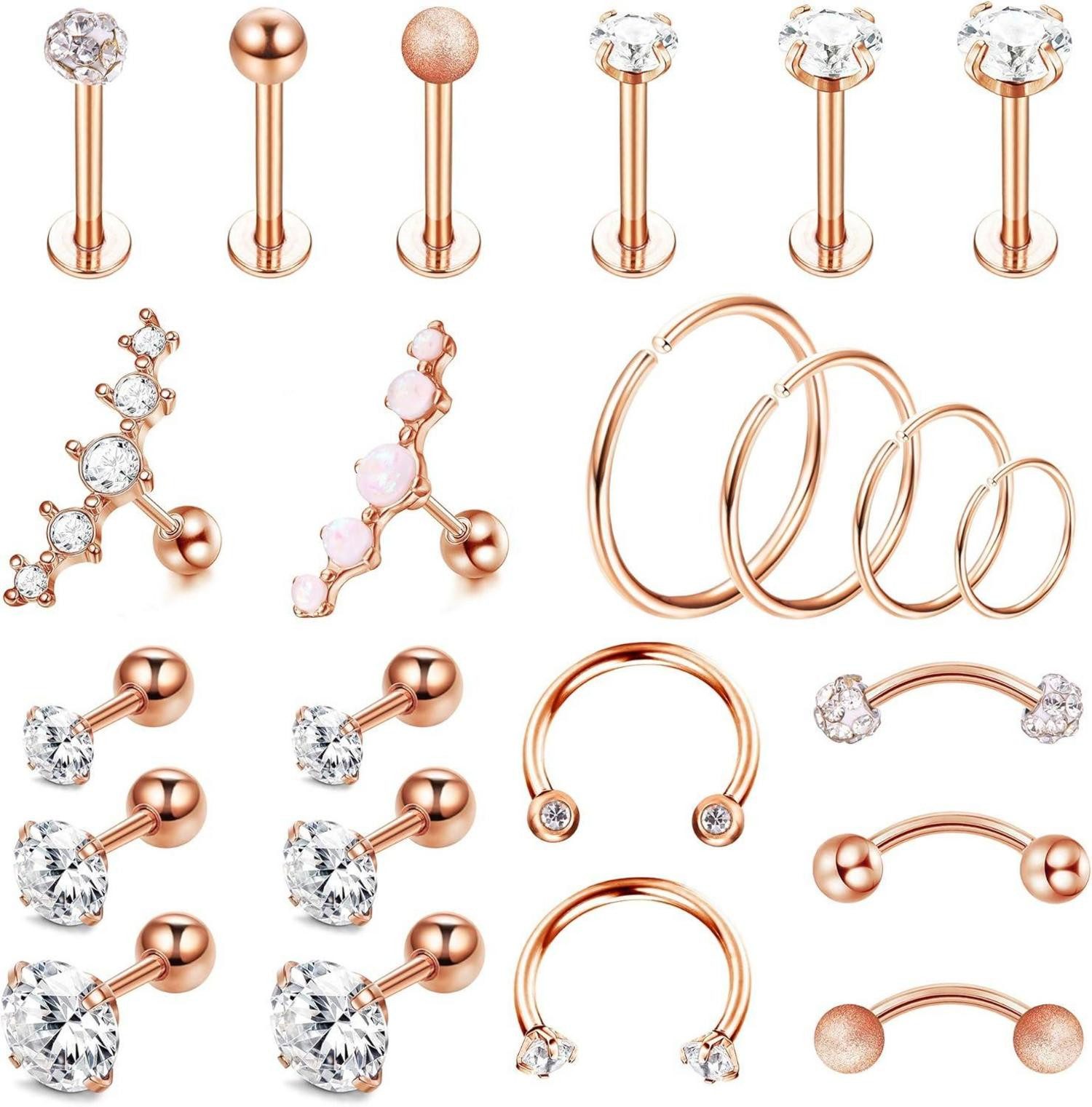 Kakonia Piercing-Set Kakonia 23 Stück 16G Silber Rosegold Piercing Ohrschmuck Set