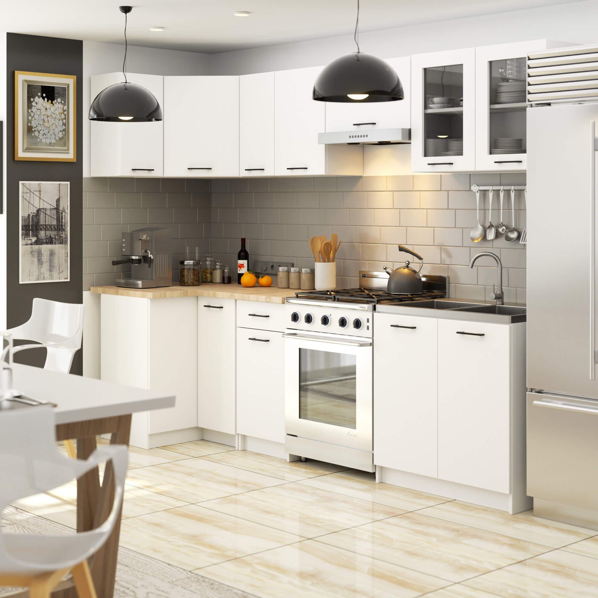 Raumhirsch Furniture Küchenzeile Moderner Küchenblock – Ideal für kleinen Raum – Küchenmöbel Set, Hängeschränke & Unterschränke, Soft-Close, erweiterbar, weiß