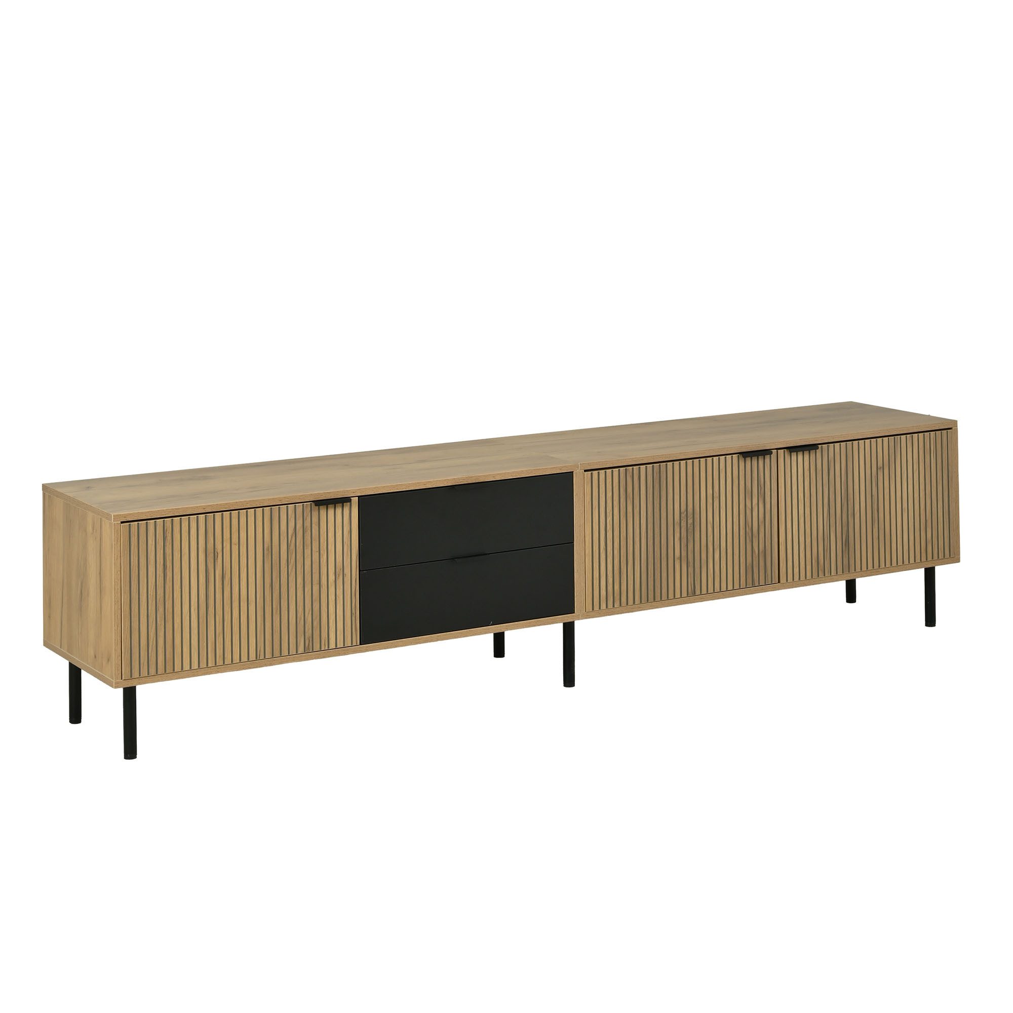 KLAM HOME Lowboard TV-Bank bis 85 Zoll mit Softclose & Kabelmanagement (208cm Lowboard mit Schubladen & Schränken, viel Stauraum), Modernes TV-Möbel Schwarz-Natur stabil & pflegeleicht
