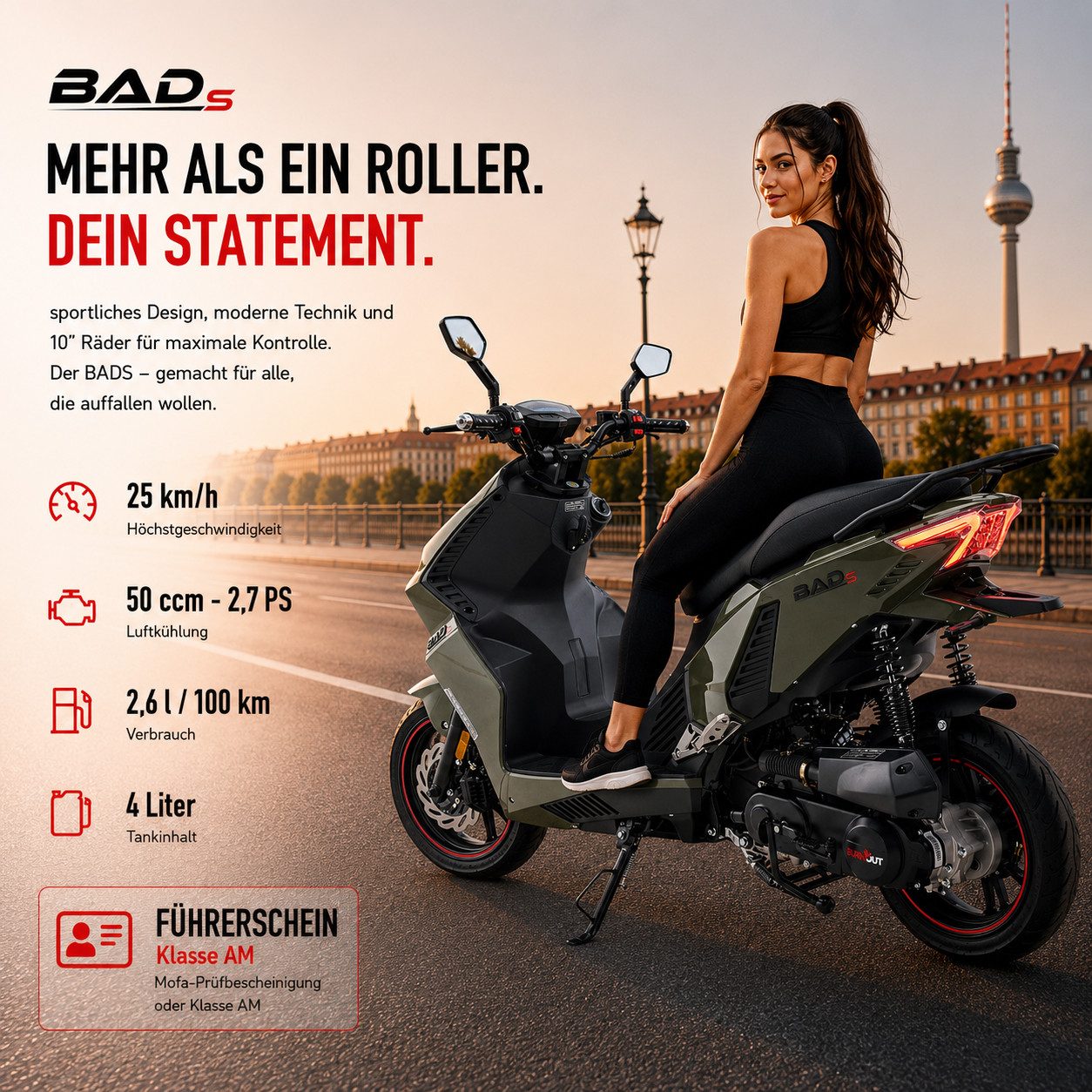 Burnout Motorroller BAD s Grün, 50 ccm, 25 km/h, Euro 5, Keyless-Go, Alarmanlage, LED-Beleuchtung
