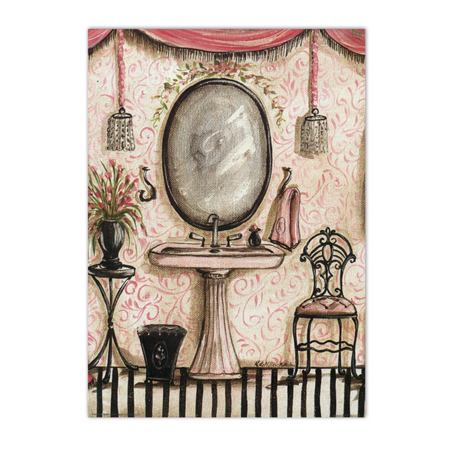 TPFLiving Kunstdruck OHNE RAHMEN, Viktorianisches Badezimmer - Vintage - Shabby Style - (Leinwandbild XXL), Farben: Farben: Rosa, pink, beige, schwarz - Größe: 30x40cm