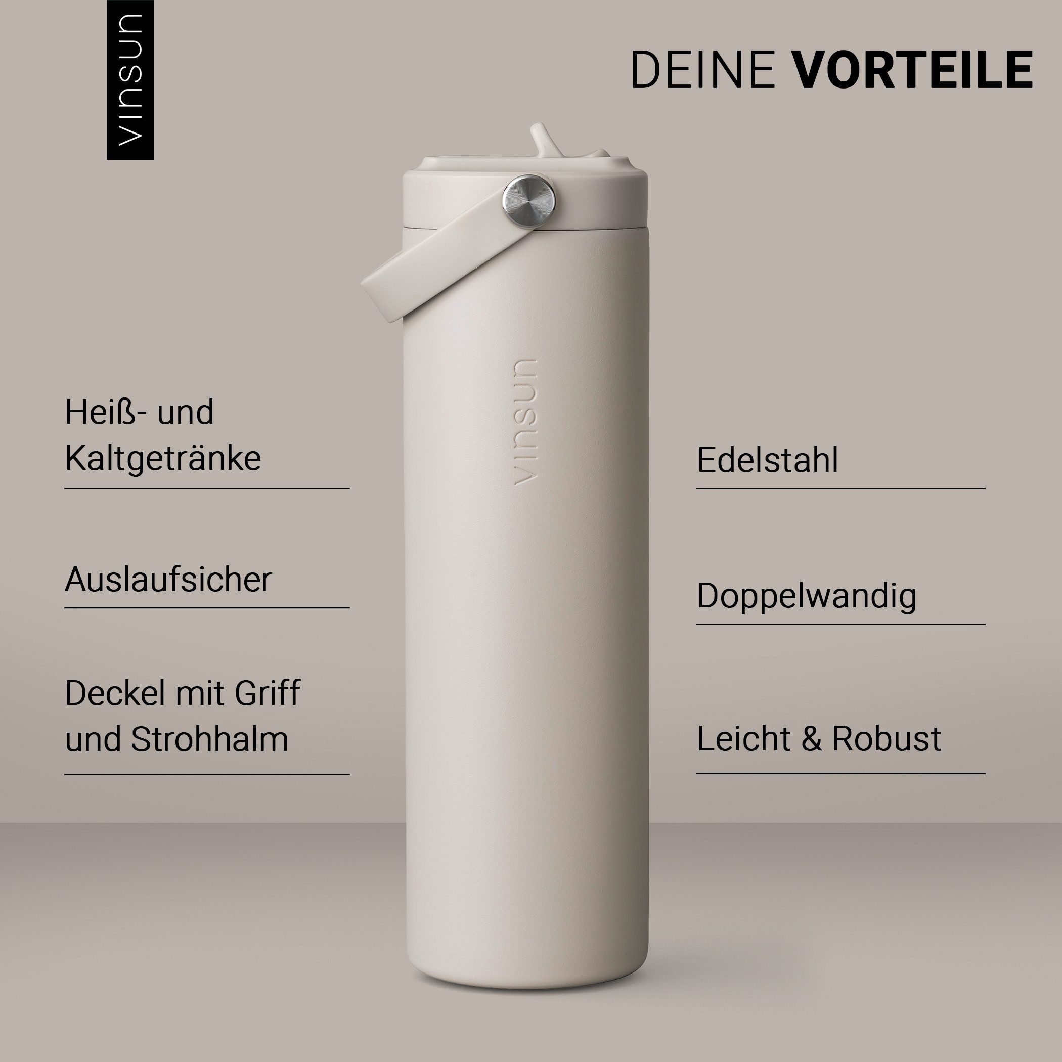 Vinsun Isolierflasche Thermoflasche 750ml mit Strohhalm - Sport Trinkflasche mit Tragegriff, Auslaufsicher, doppelwandig isoliert, geruchs- und geschmacksneutra – Bild 2 von 5