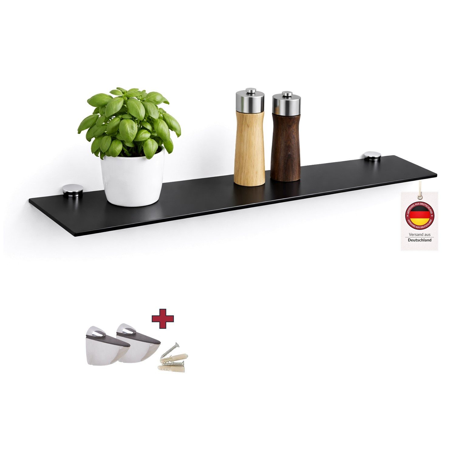HOOZ Wandregal Glasregal, Wandablage ESG 18cm tief, rechteckig, inkl. Halter 30-100cm, Regal Glas, Platzsparende Wandboard für Dusche, Bad, Küche oder Wohnraum