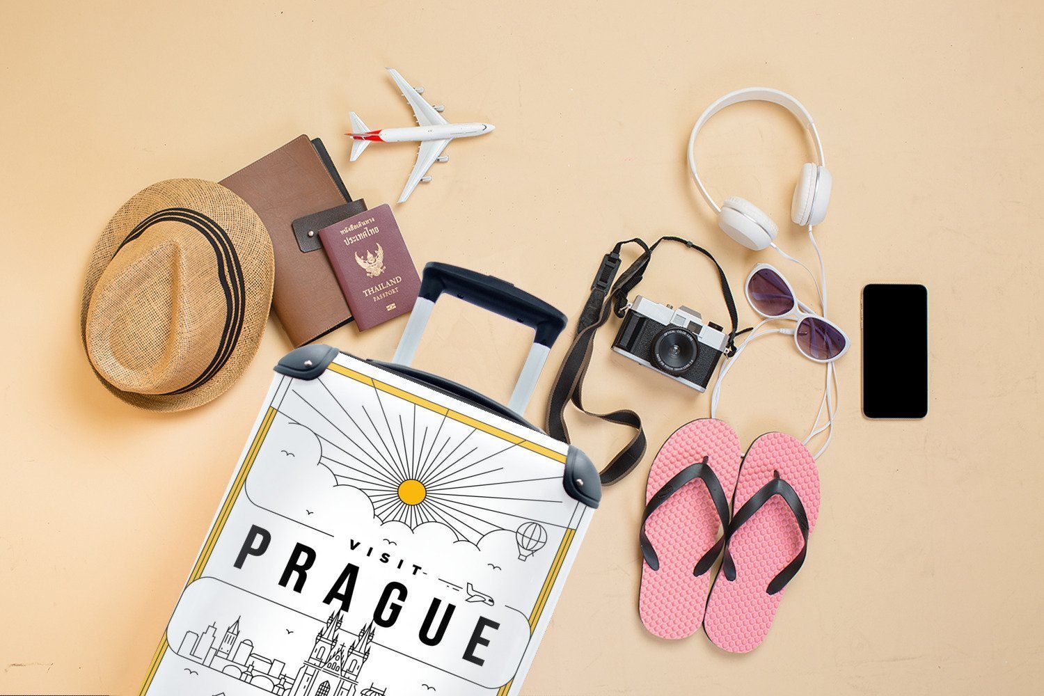 Handgepäckkoffer rollen, 4 Ferien, Prag Skyline mit - Reisekoffer MuchoWow - Reisetasche Trolley, Weiß, Rollen, für Handgepäck