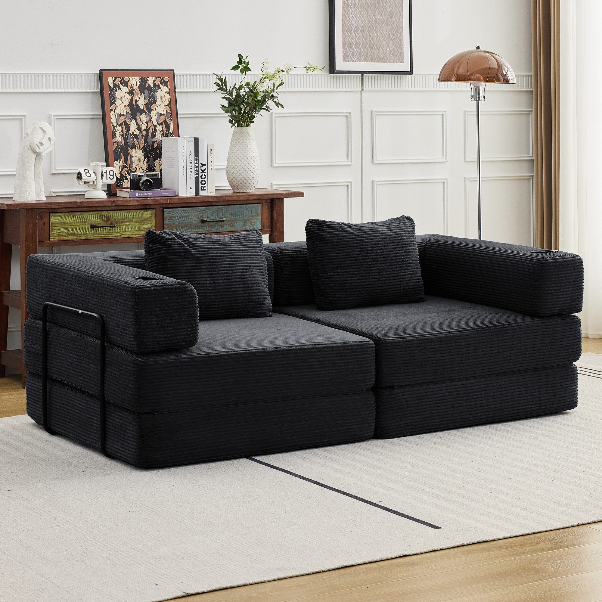 Vankel Sofa Sofas Wohnzimmer, Schlafsofa aus Cord mit Bettfunktion, Faltbares Bodensofa mit Liegefunktion für kleine Räume
