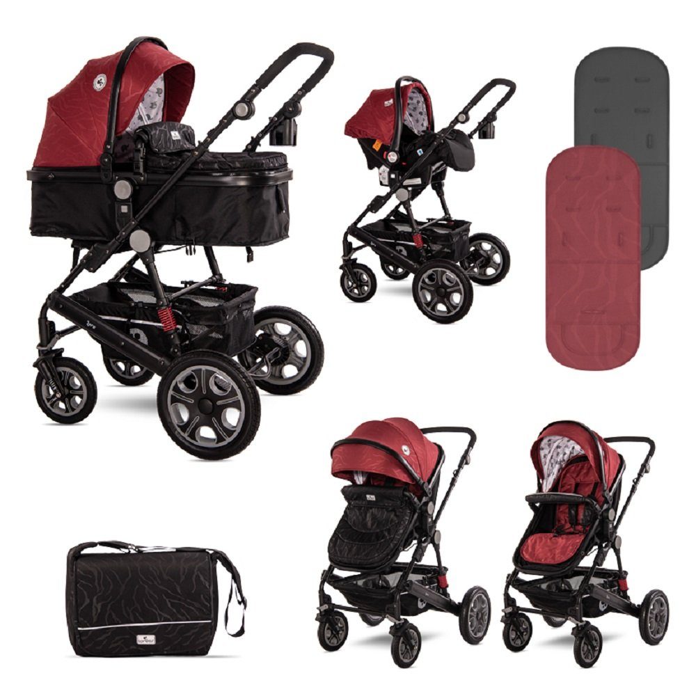 Lorelli Kombi-Kinderwagen Kombikinderwagen Lora 3 in 1, Autositz Tragetasche Sportsitz Fußabdeckung rot