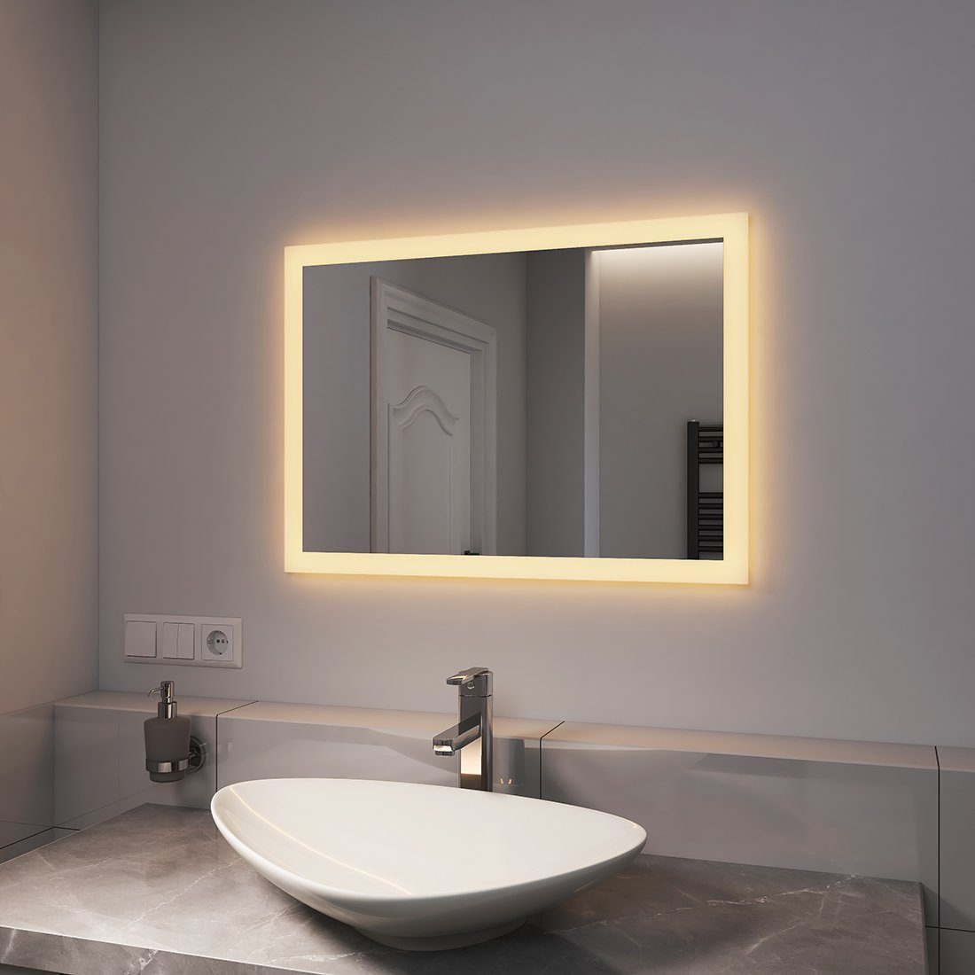 EMKE Badspiegel Badezimmerspiegel LED Warmweißer beleuchtung mit mit Badspiegel Wandschalter 3000K und Wandspiegel