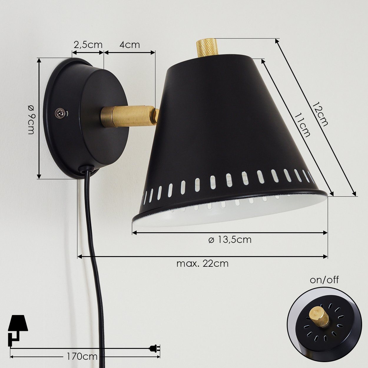 Wandleuchte aus hofstein /Ausschalter »Pella« m. verstellbar, An- Metall Schirm ohne u. ist Leuchtmittel, Schwarz/Weiß in Zimmerlampe Wandlampe, GU10, Goldfarben,