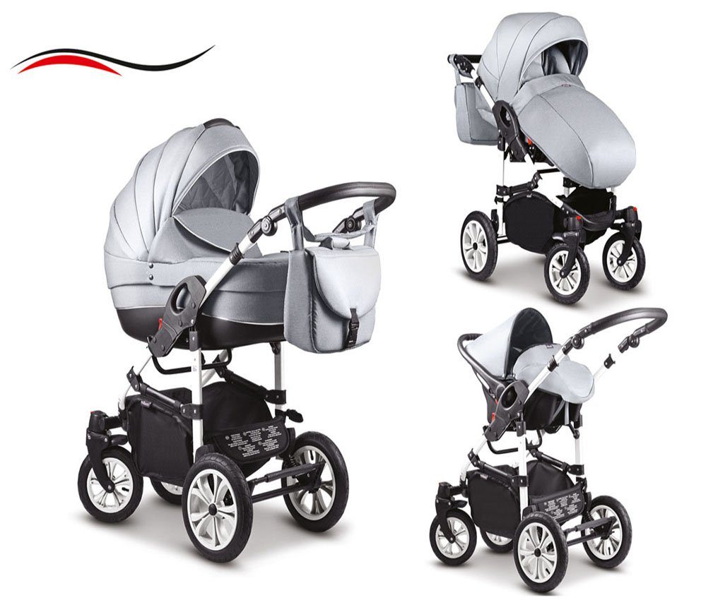 babies-on-wheels Kombi-Kinderwagen 3 in 1 Kinderwagen-Set Cosmo - 16 Teile - in 41 Farben Hellgrau-Schwarz | Kombikinderwagen