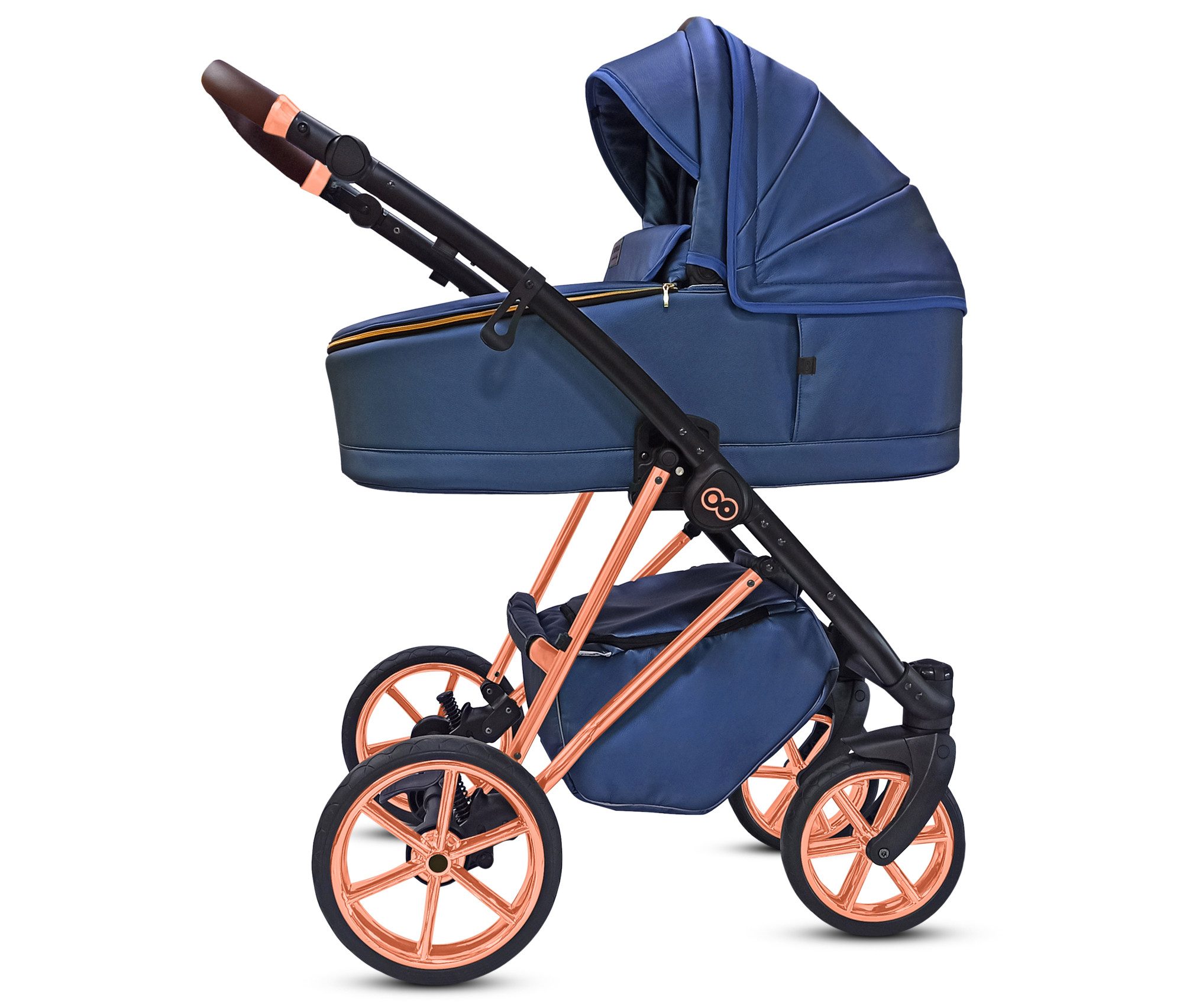 TPFFamily Kombi-Kinderwagen 3in1 Musse Royal, Baby Buggy Babywanne 5-Punkt-Sicherheitsgurt, Zubehör-Set Kinderwagen 3 in 1 Kunstleder Blau, Gestell Rosé Gold