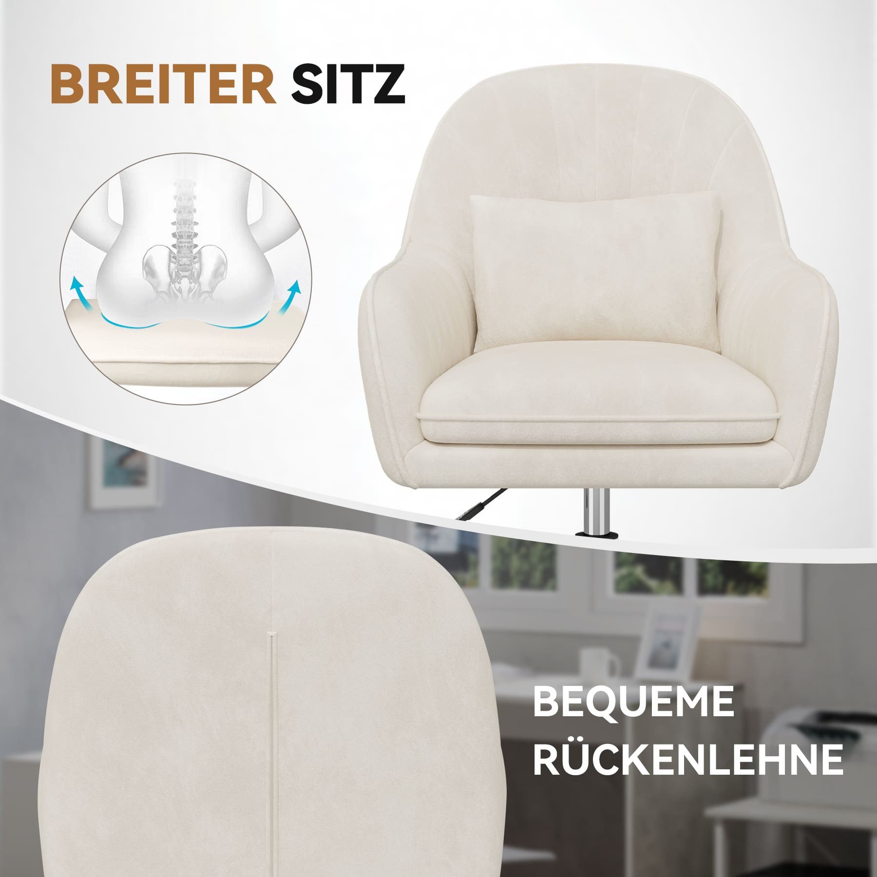 HawthyHome Bürostuhl Ergonomischer Homeoffice-Stuhl, 360° Drehbar & Höhenverstellbar (1 St), Samtbezug mit Kopfkissen, ideal für Arbeitszimmer & Schlafzimmer – Bild 3 von 5