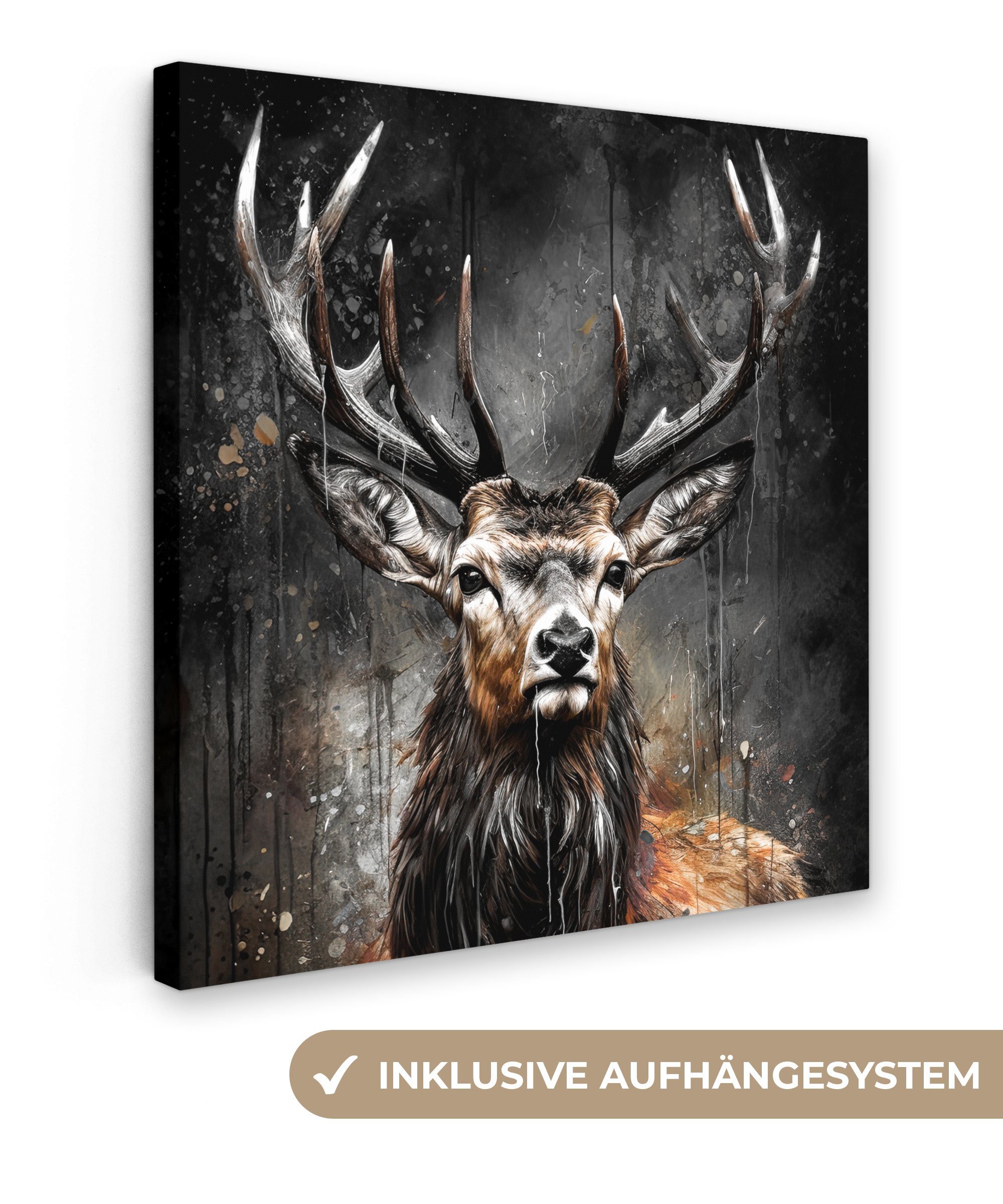 OneMillionCanvasses® Leinwandbild Hirsch Tier Wohnzimmer - für 20x20 Schwarz - St), Bilder Leinwand (1 - cm Hirschkopf, Schlafzimmer