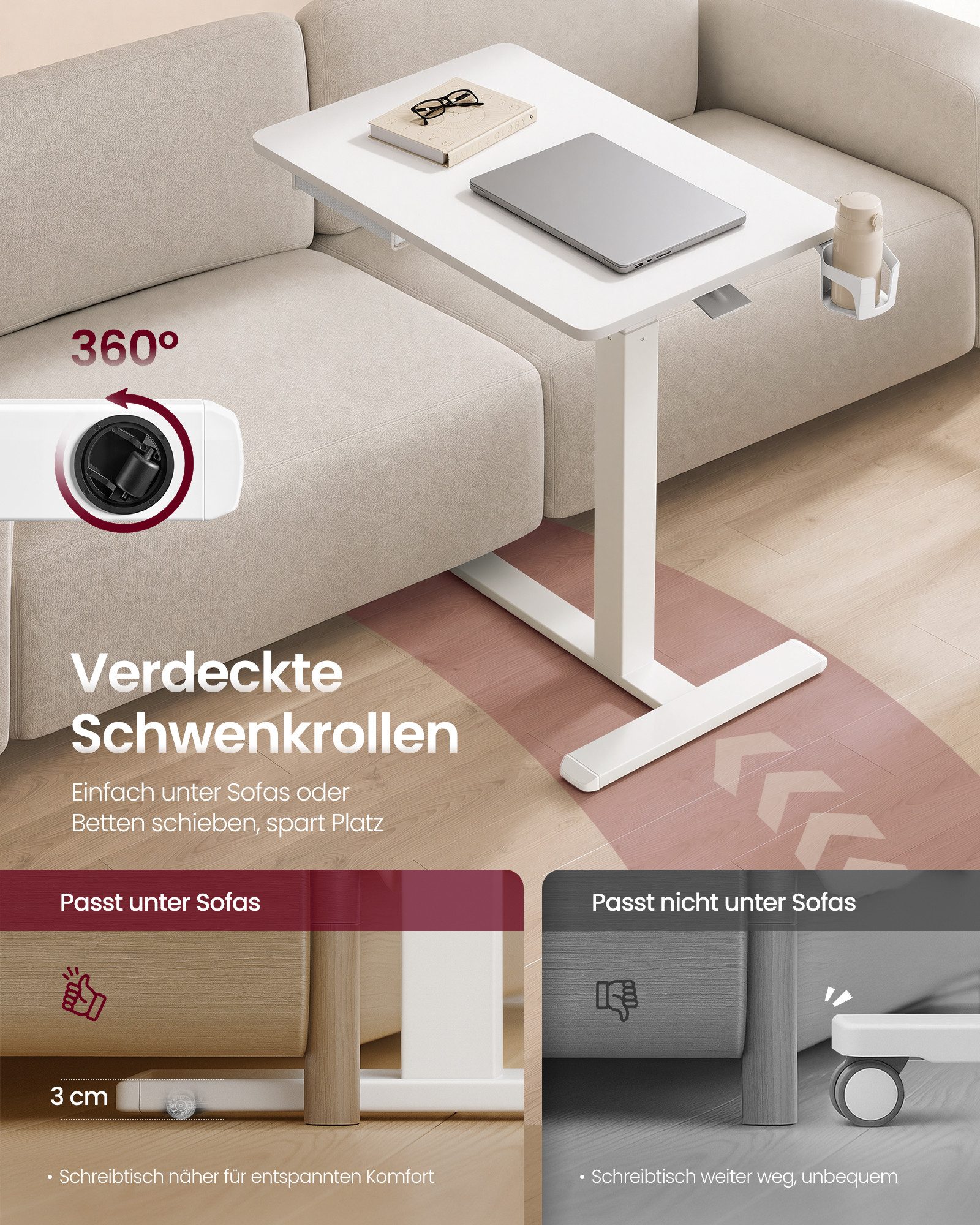 VASAGLE Schreibtisch Höhenverstellbarer Schreibtisch Laptoptisch mit Schublade und Rollen, 70 x 45 cm Für Schlafzimmer und Wohnzimmer mit Getränkehalter – Bild 4 von 5