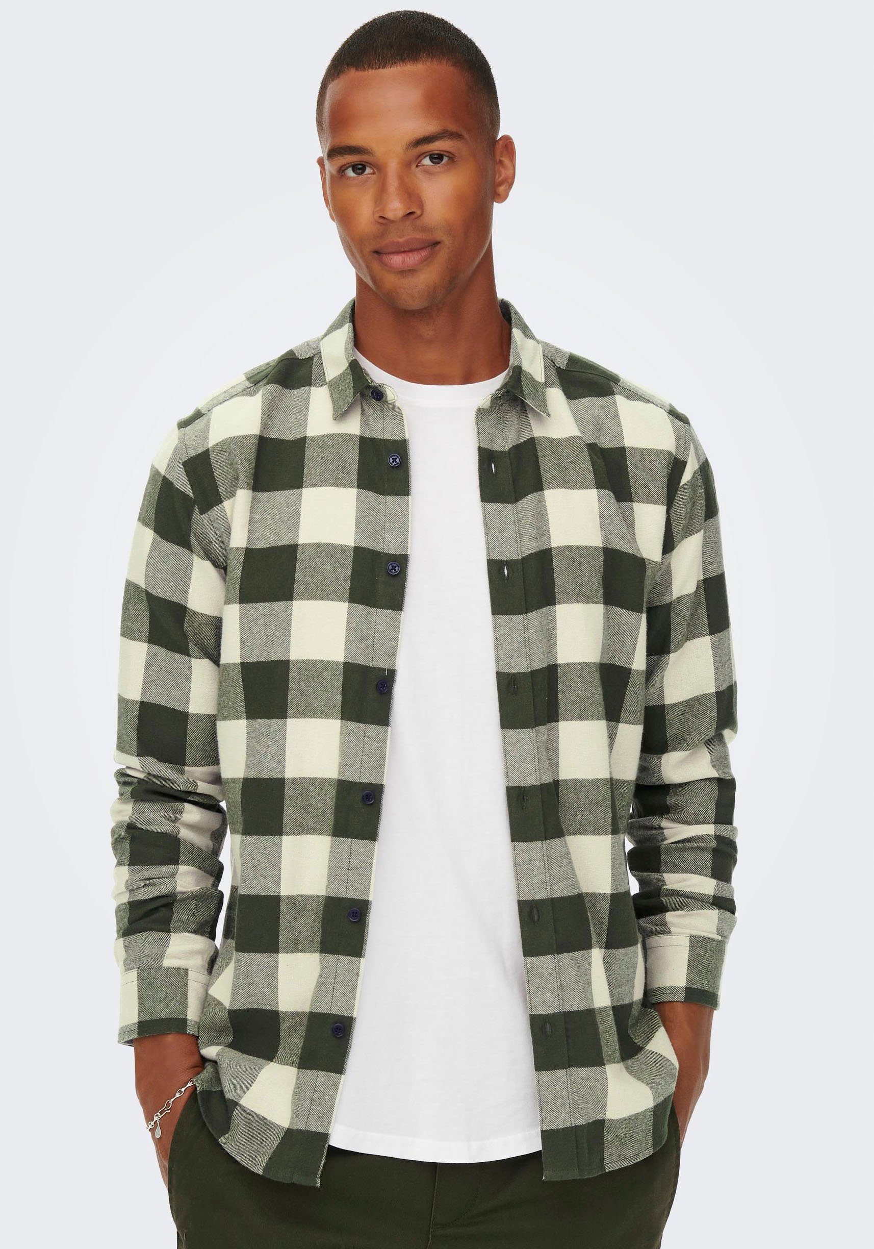 ONLY & SONS CHECKED LS SHIRT oliv Karohemd GUDMUND kariert