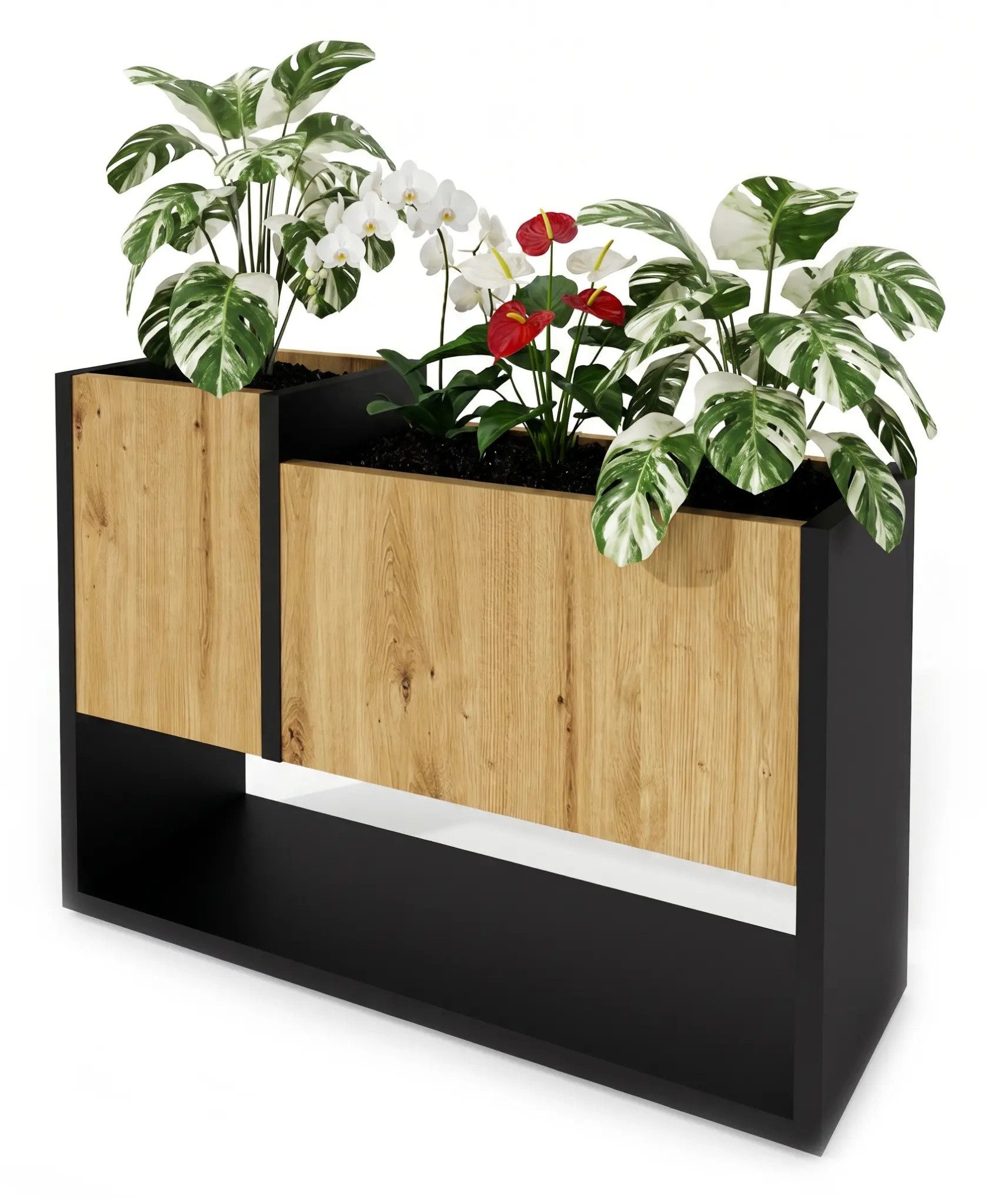 TREND WERK Blumenständer Blumentopf Pflanzenregal Pflanzenständer Holzoptik Wohnzimmer (Asymmetrisches Regal 3 Fächer Loft-Design 64,5x45x22,6 cm), 18mm Spanplatte kratzfest feuchtigkeitsresistent Laminat