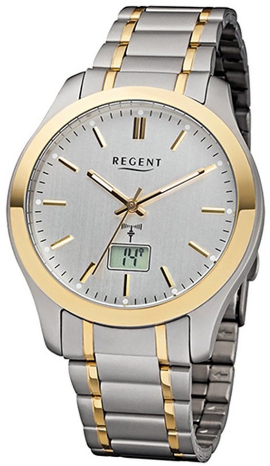 Regent Funkuhr Regent Herren-Armbanduhr grau gold Analog, Herren Funkuhr  rund, groß (ca. 41mm), Titan, Goldarmband