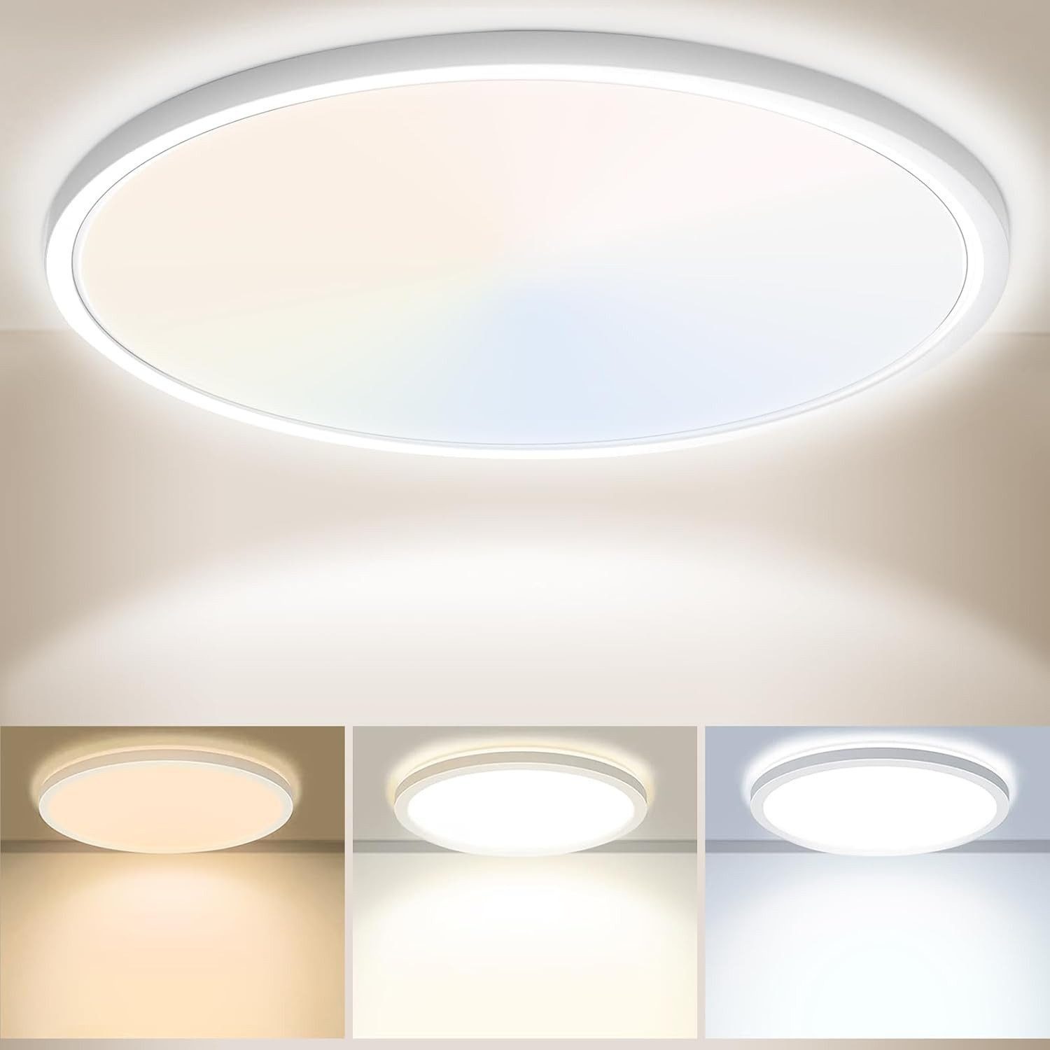 POPOLIC LED Deckenleuchte rund flach Ø30cm, 24W, 3200 Lumen, IP54 spritzwassergeschützt, 3-stufige Farbtemperatur (3000K/4000K/6000K), für Wohnzimmer, Schlafzimmer, Küche, Flur