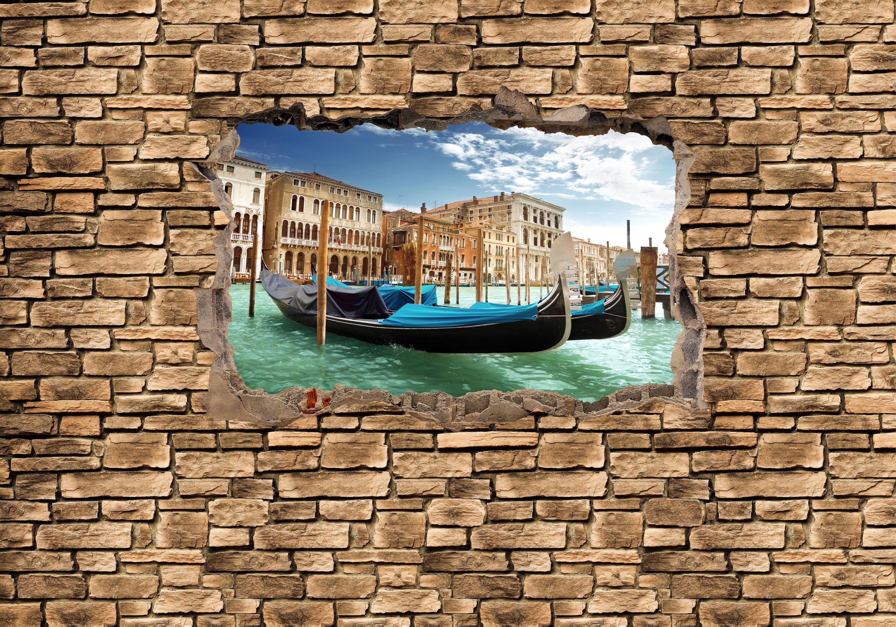 wandmotiv24 Fototapete 3D Gondeln Venedig - Steinmauer, glatt, Wandtapete, Motivtapete, matt, Vliestapete