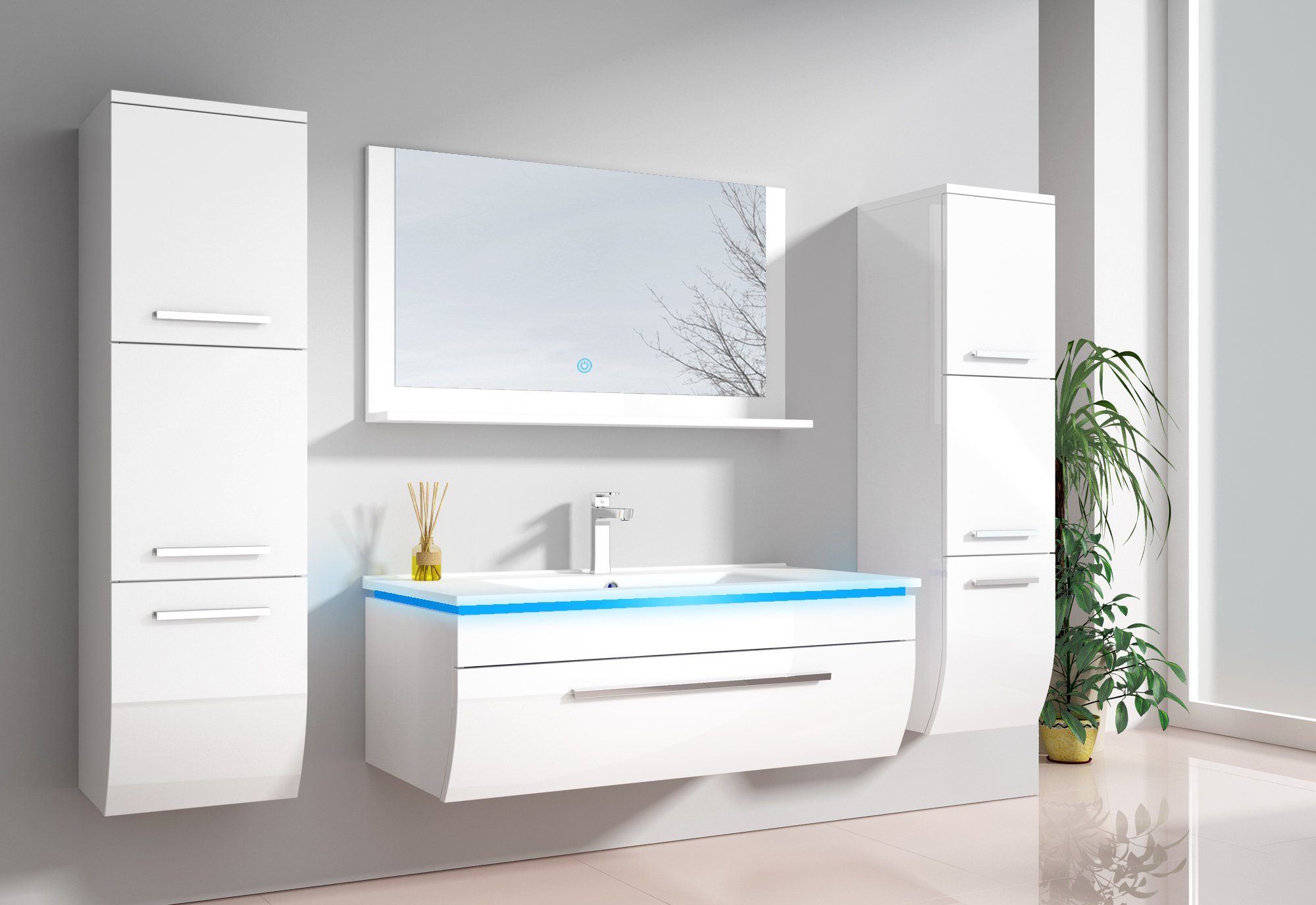 Fischer und Adamek Badmöbel-Set Habel, (Badezimmer Möbel-Set vormontiert  inkl Waschbecken und LED-Spiegel, 3-St., Weiß), ohne Seitenschrank